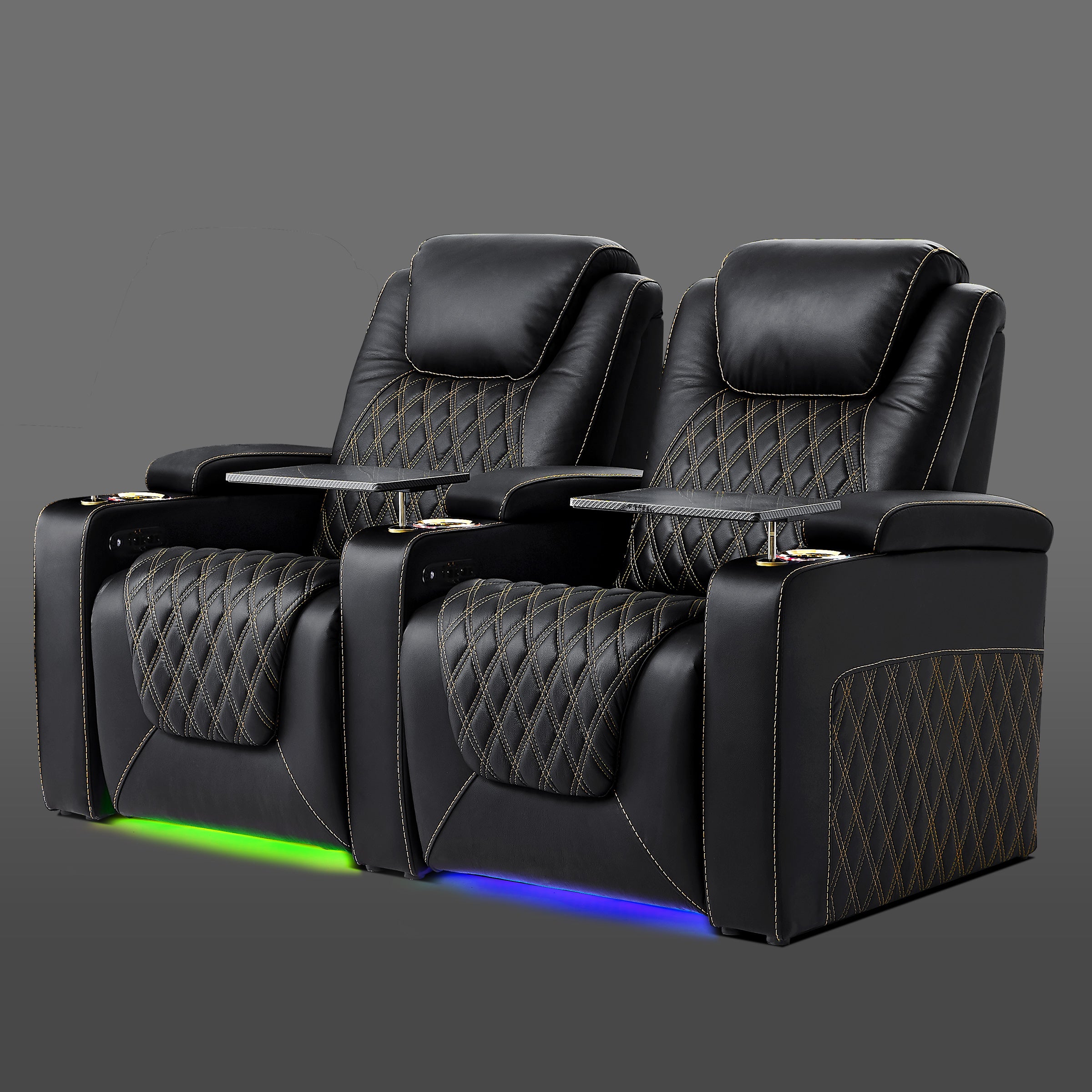 Black two seat power recliner with gold stitching and soft base lighting