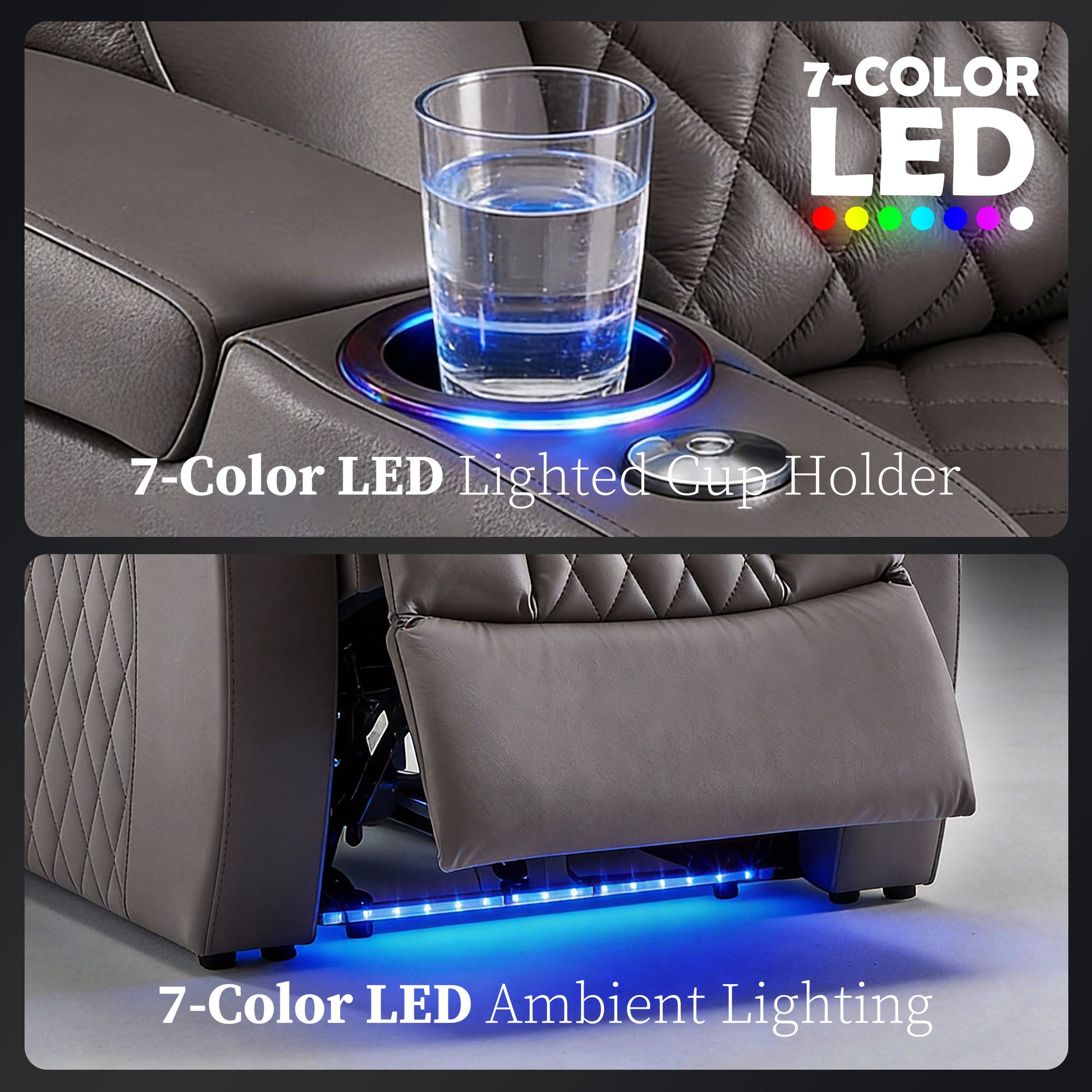LED lit cup holder detail on gray theater seating