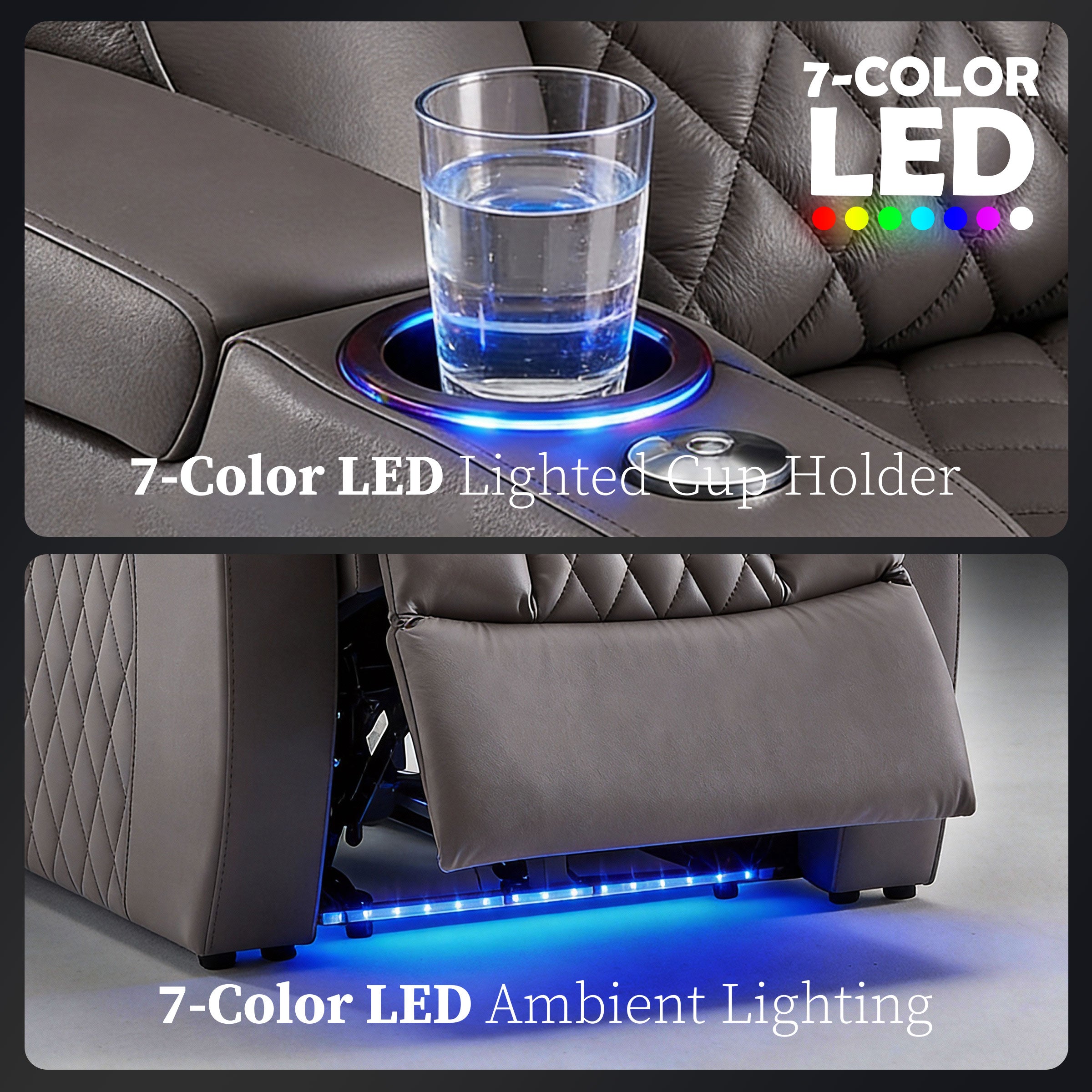 LED lit cup holder detail on gray theater seating
