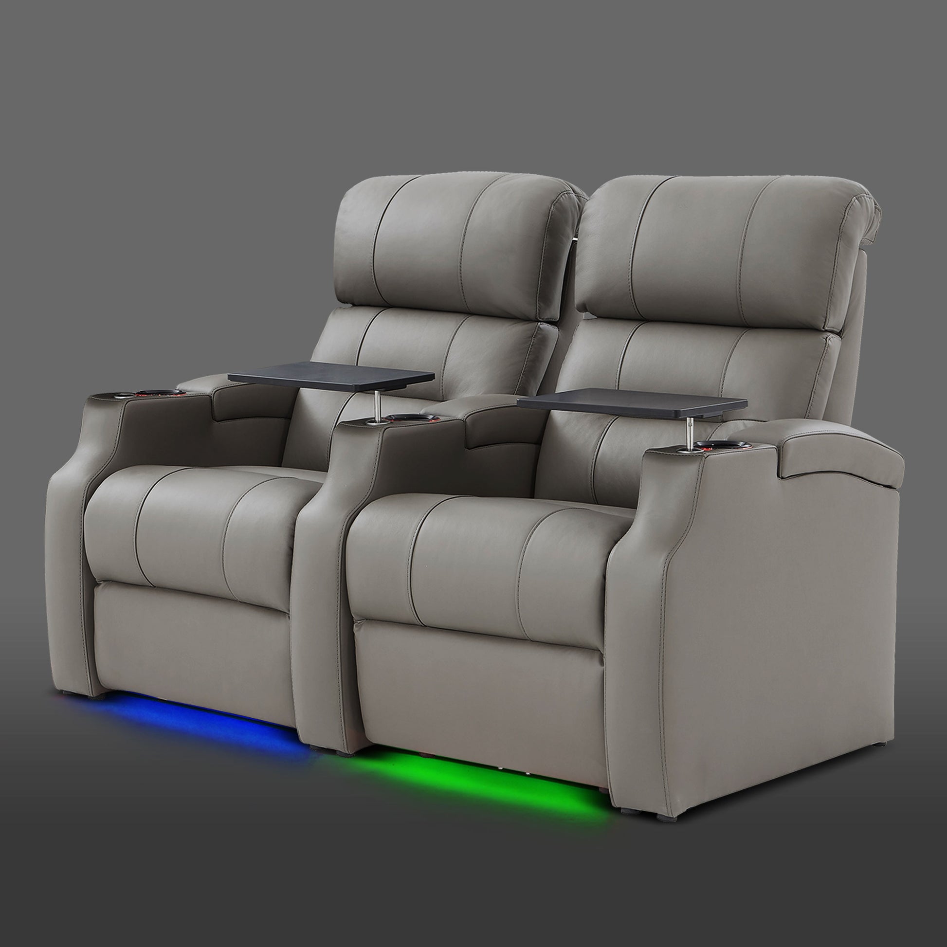 Edgex Series gray two-seat theater recliner with powered seating and ambient floor lighting