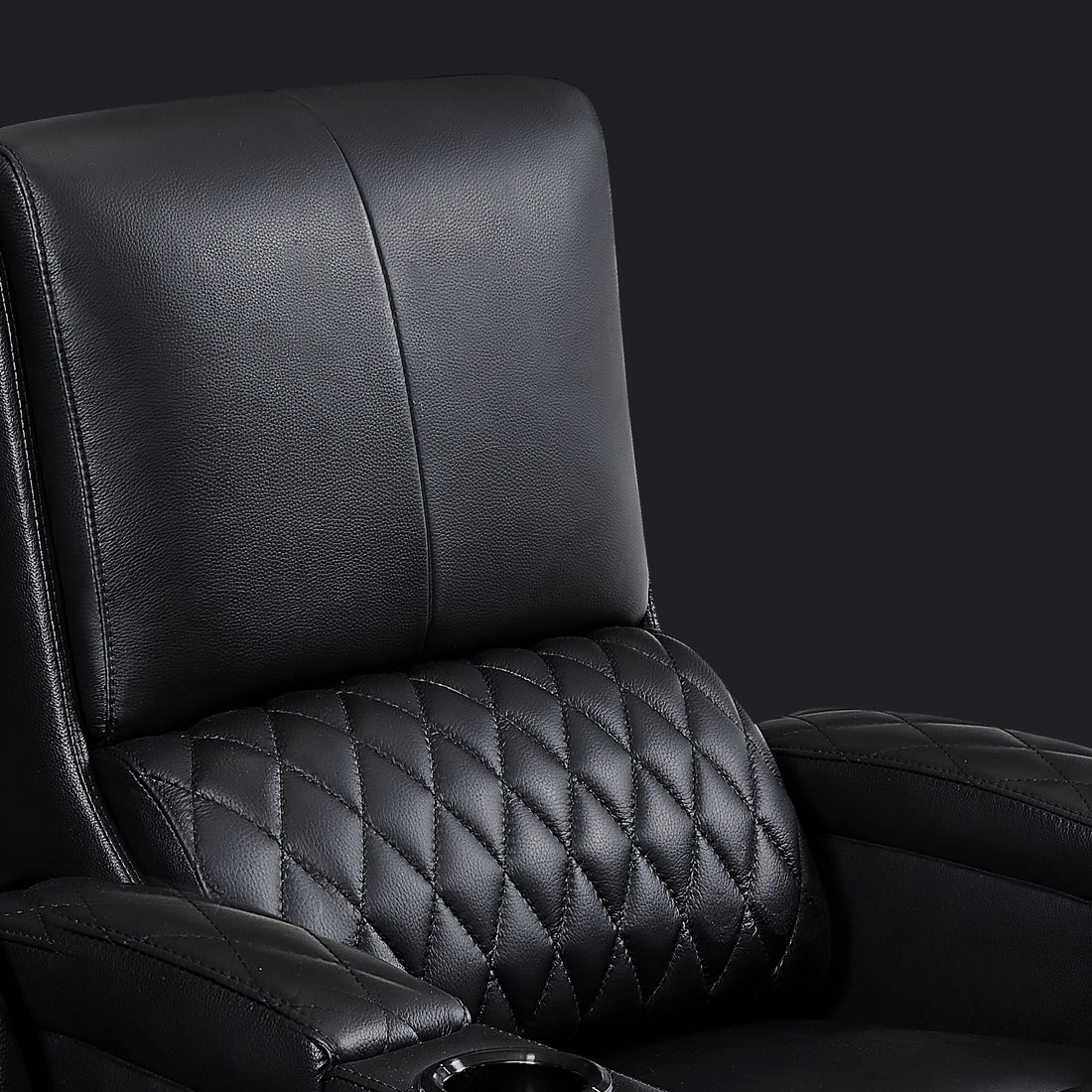 Black leather recliner with slightly lower backrest profile and quilted lumbar support