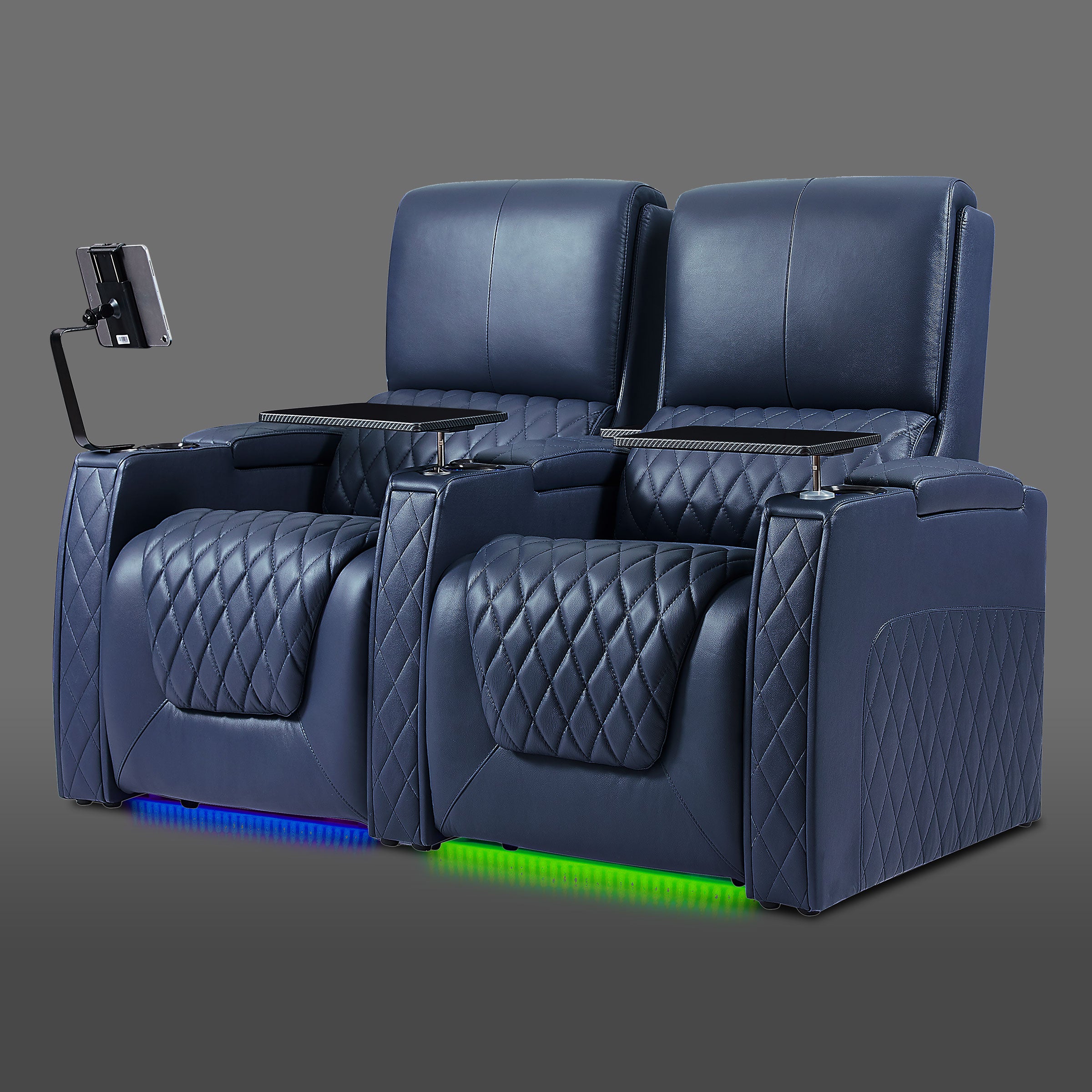 Axys series blue 2-seat cinema recliner sofa with power reclining seats and ambient LED lighting