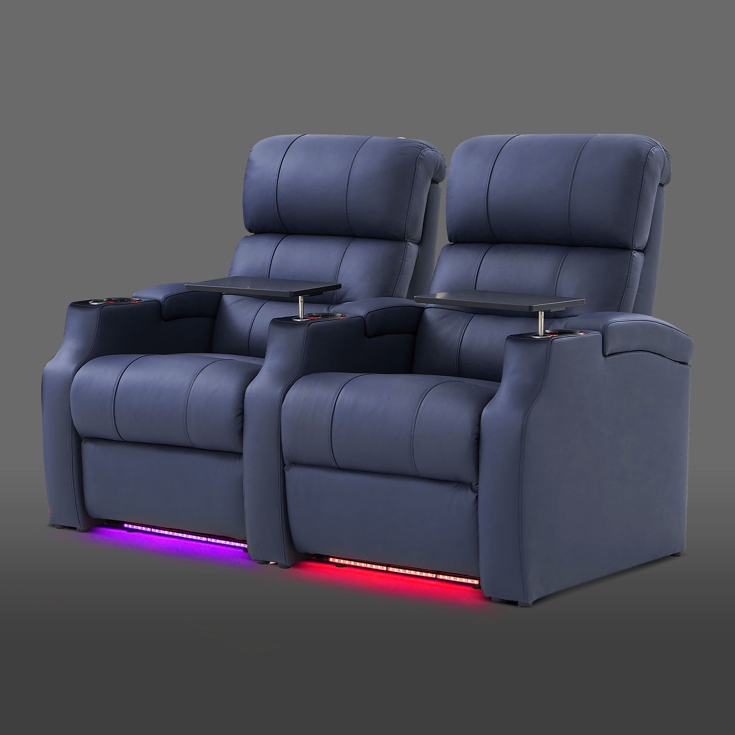 Edgex Series blue 2-seat cinema sofa with power reclining seats and LED glow