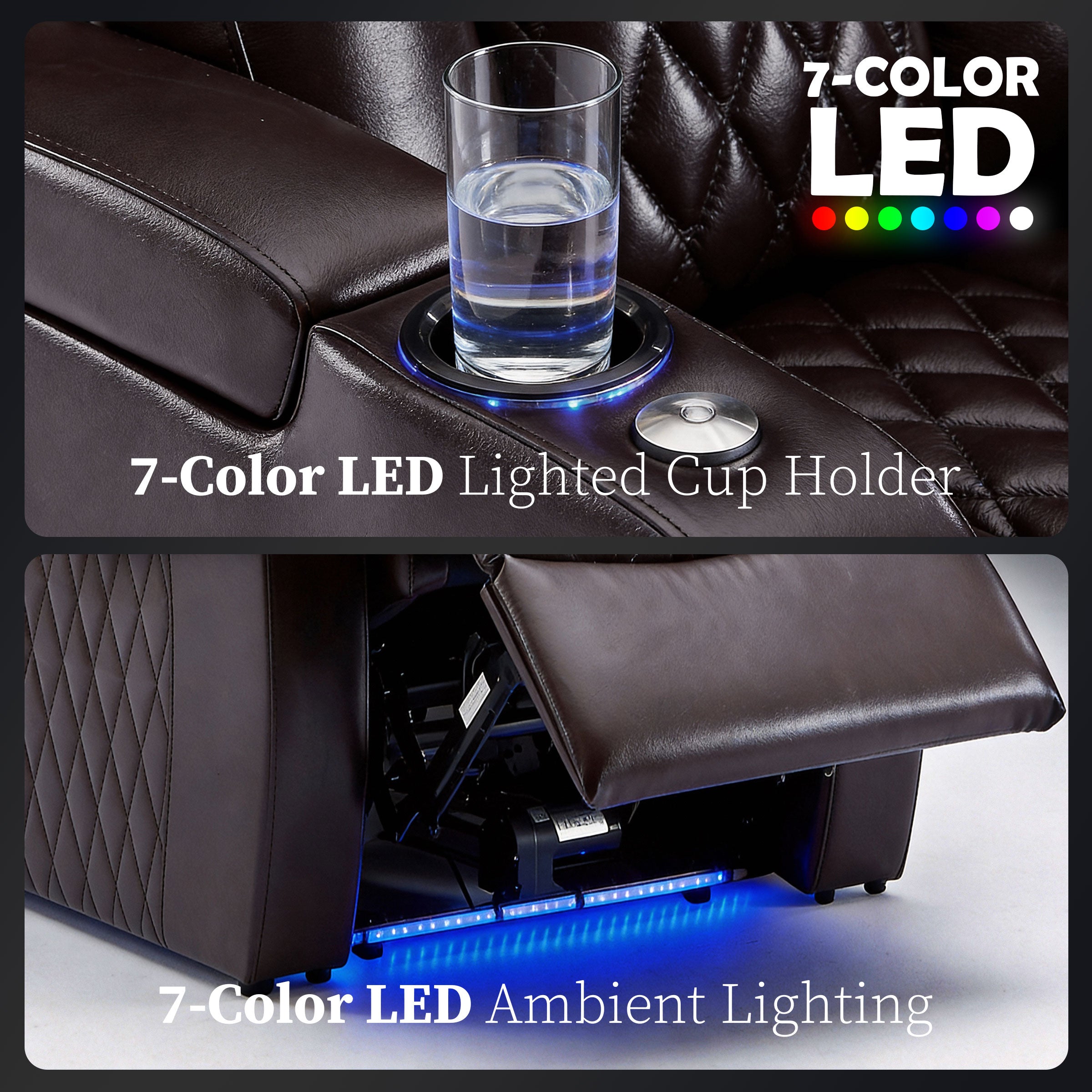 LED cup holder lighting detail on brown theater seating