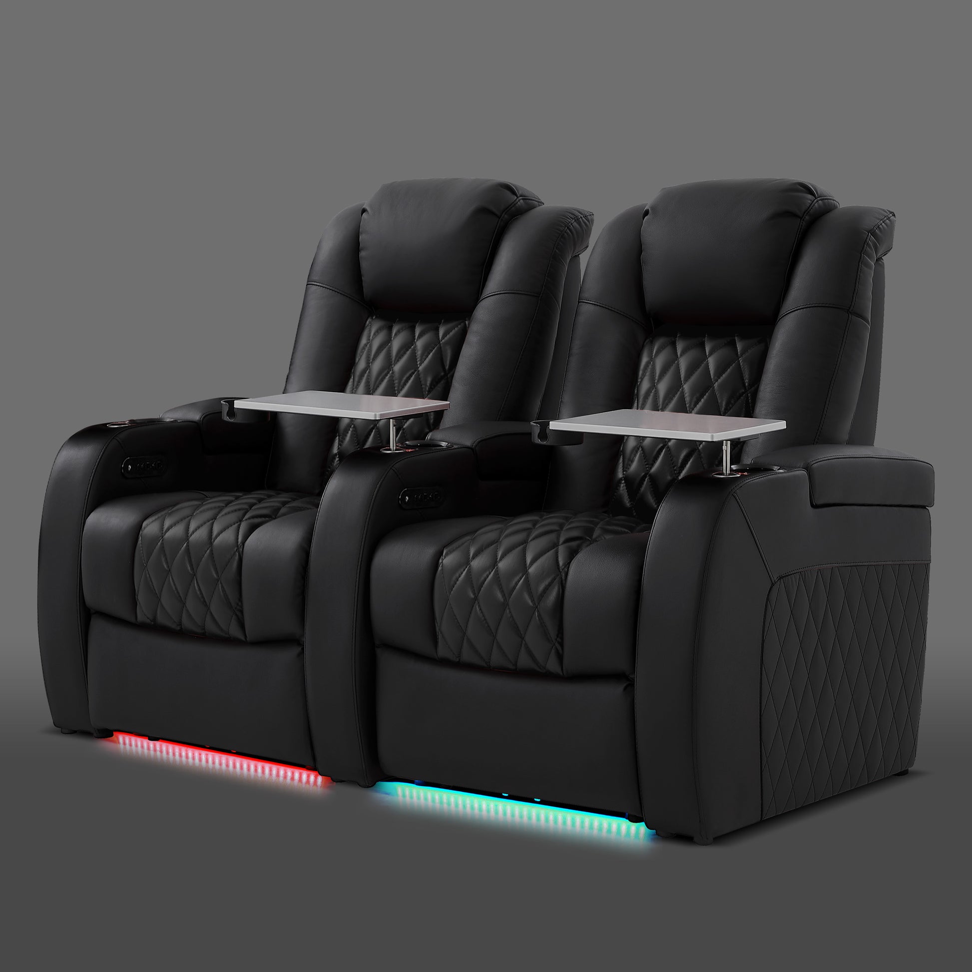 Black two seat home theater recliner with cup holders and padded armrests