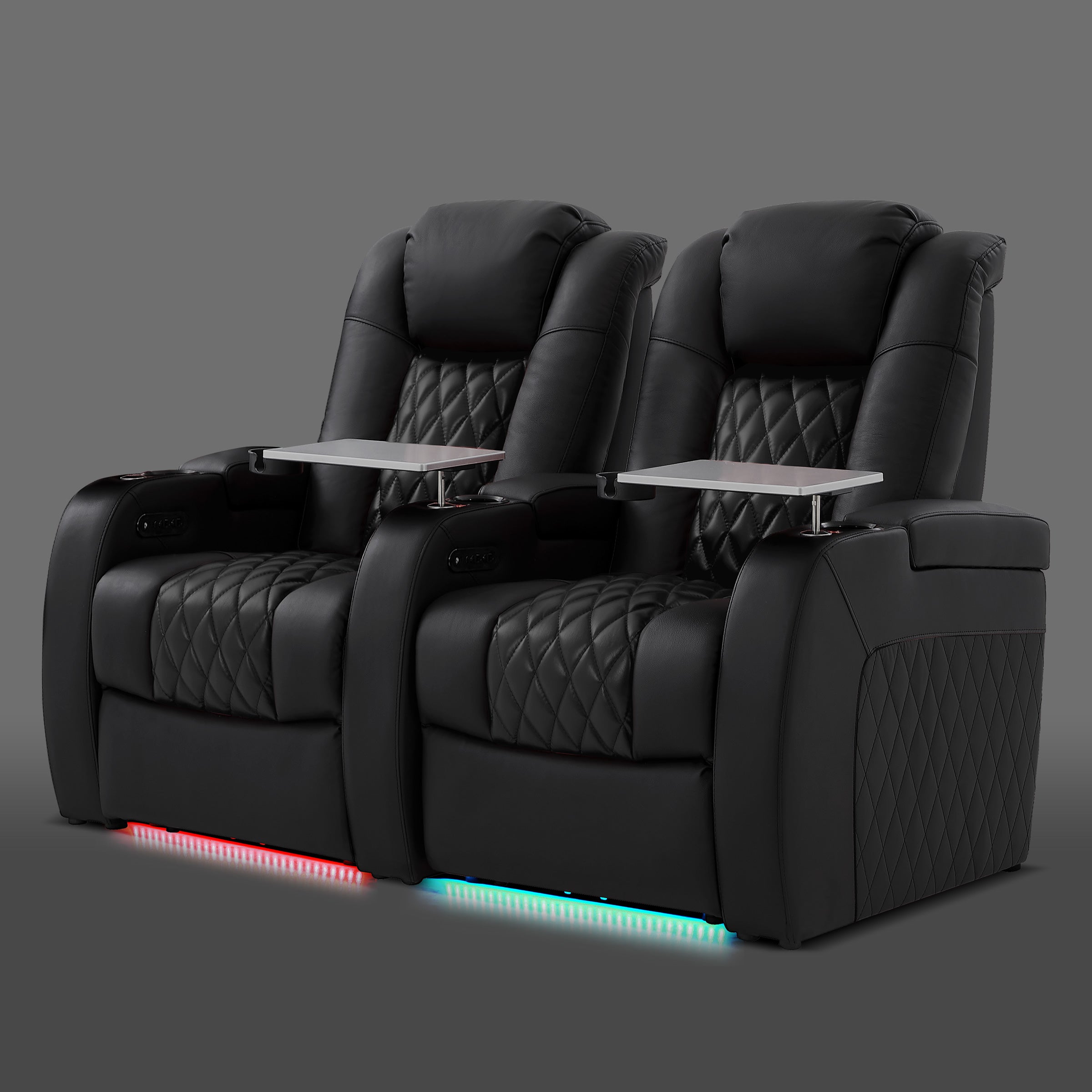 Black two seat home theater recliner with cup holders and padded armrests