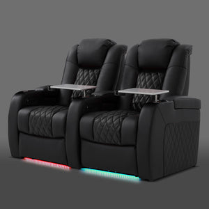 Black two seat home theater recliner with cup holders and padded armrests