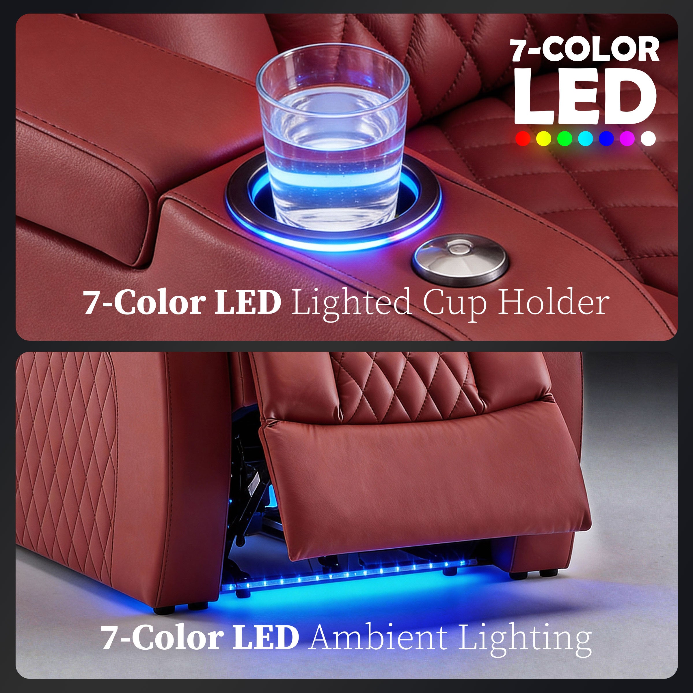 Cup holder detail and ambient lighting on red cinema seating