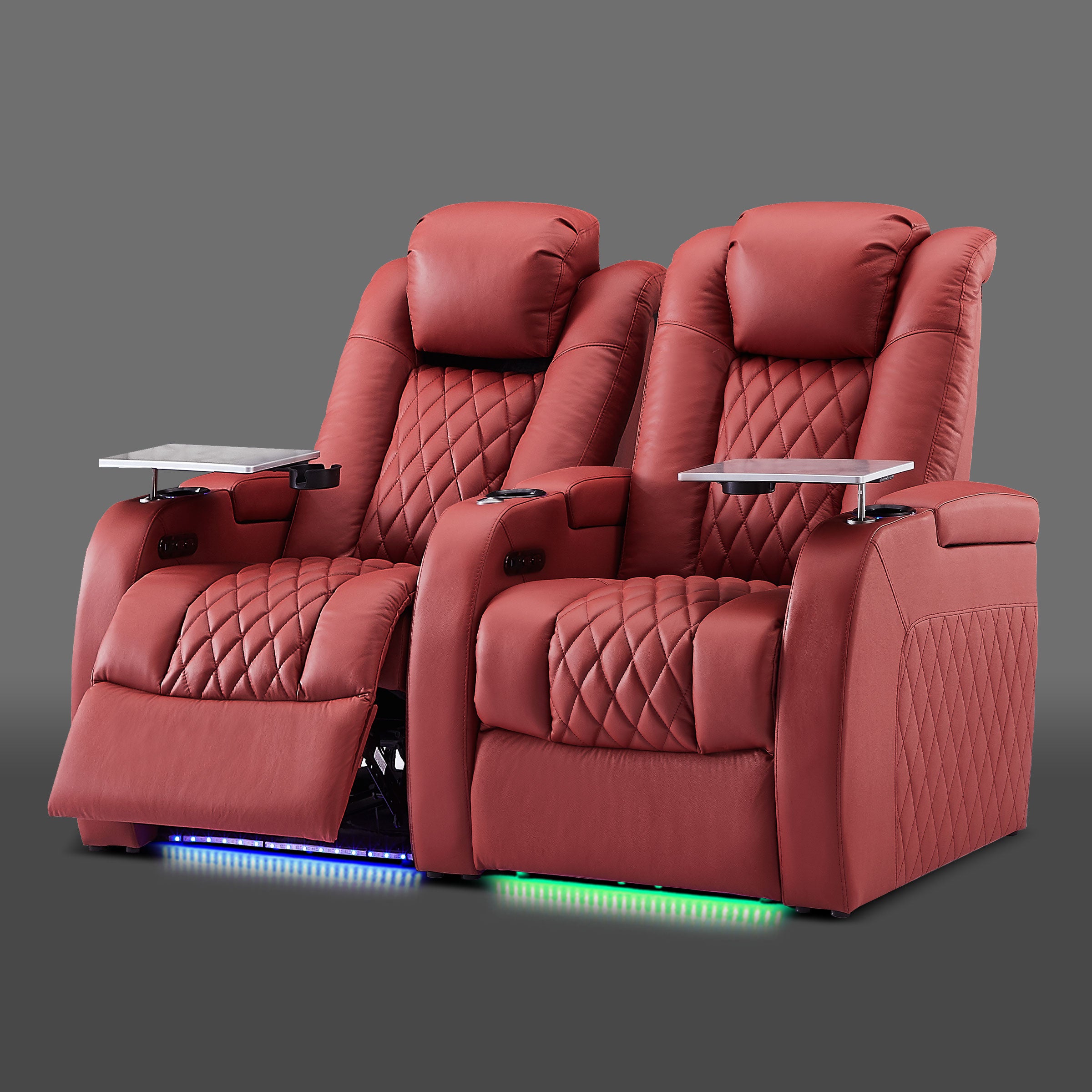 Red power recliner shown as a two chair setup with LED base lighting