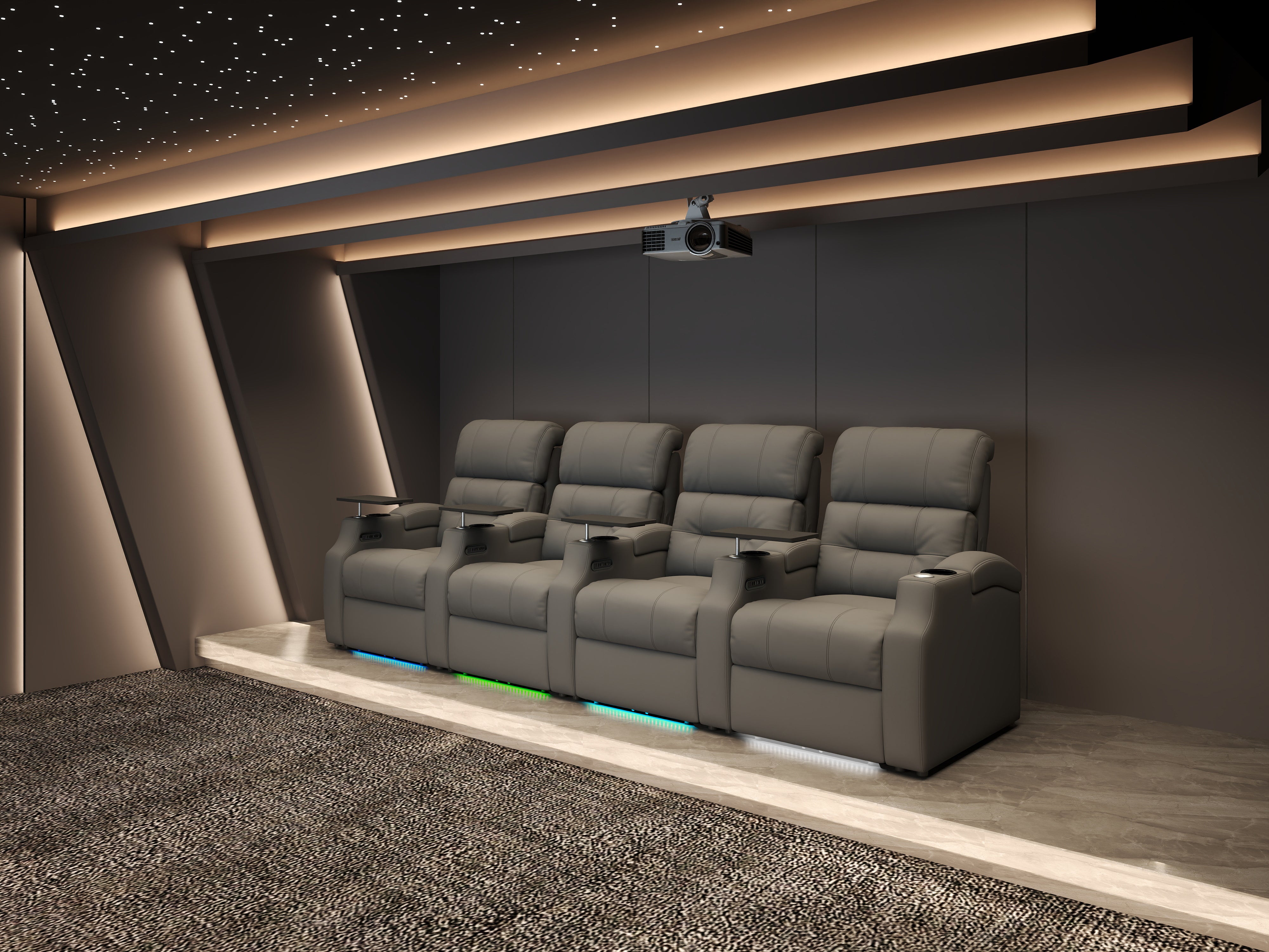Comfortable theater seating in a softly lit room designed for a relaxing evening at home
