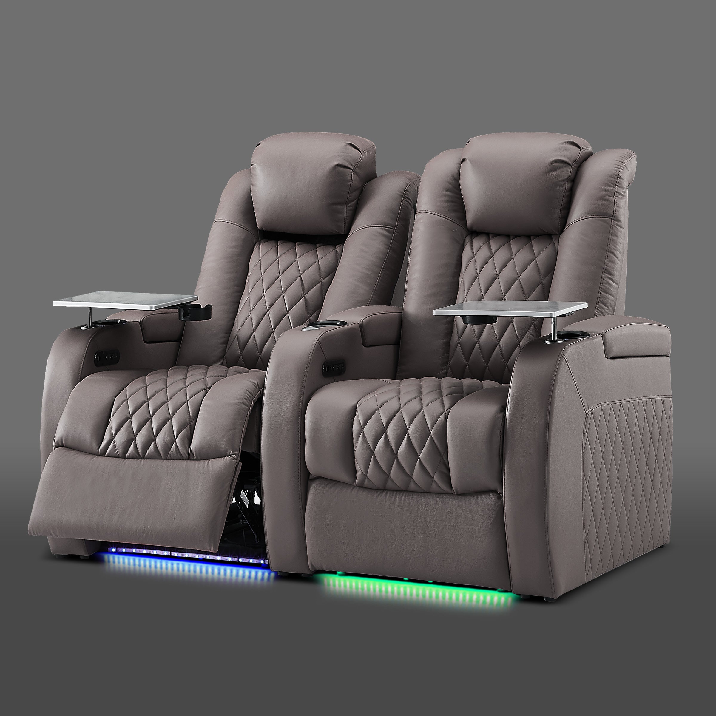 Gray cinema seating shown in a two seat configuration with LED lighting