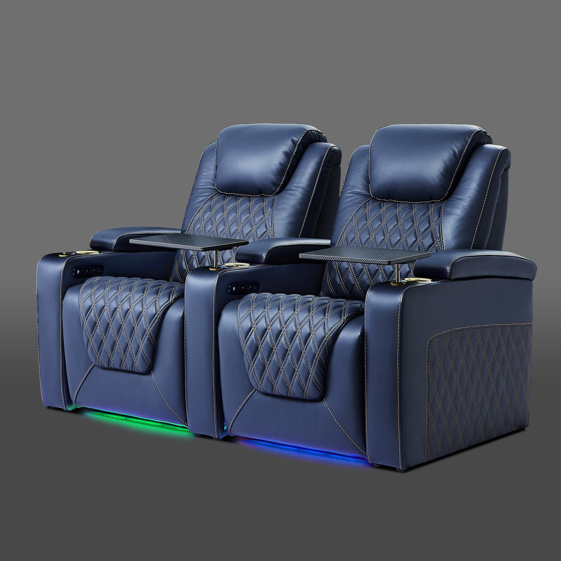 Blue two seat power recliner with shared armrests and cup holders