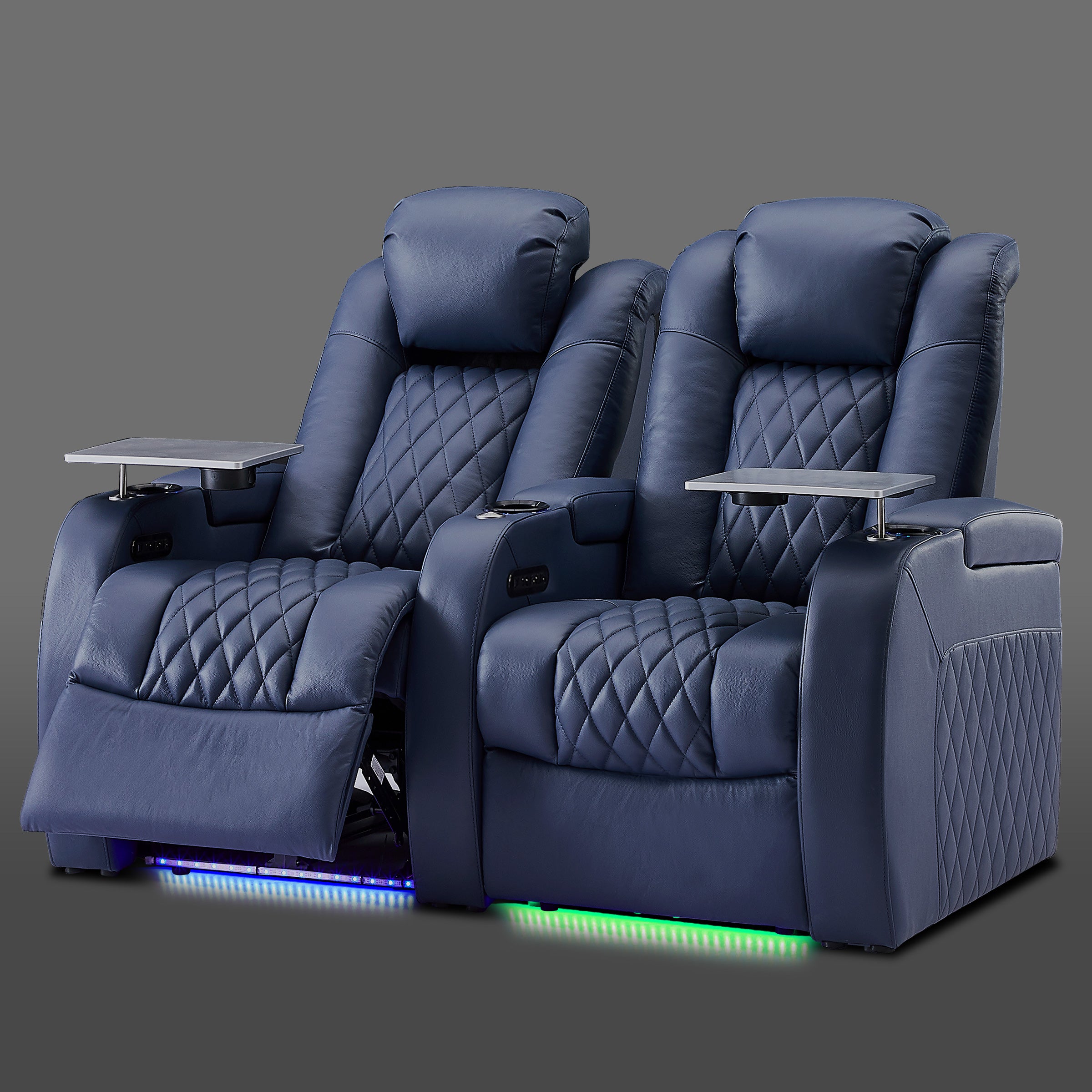 Blue two seat power recliner designed for shared movie viewing
