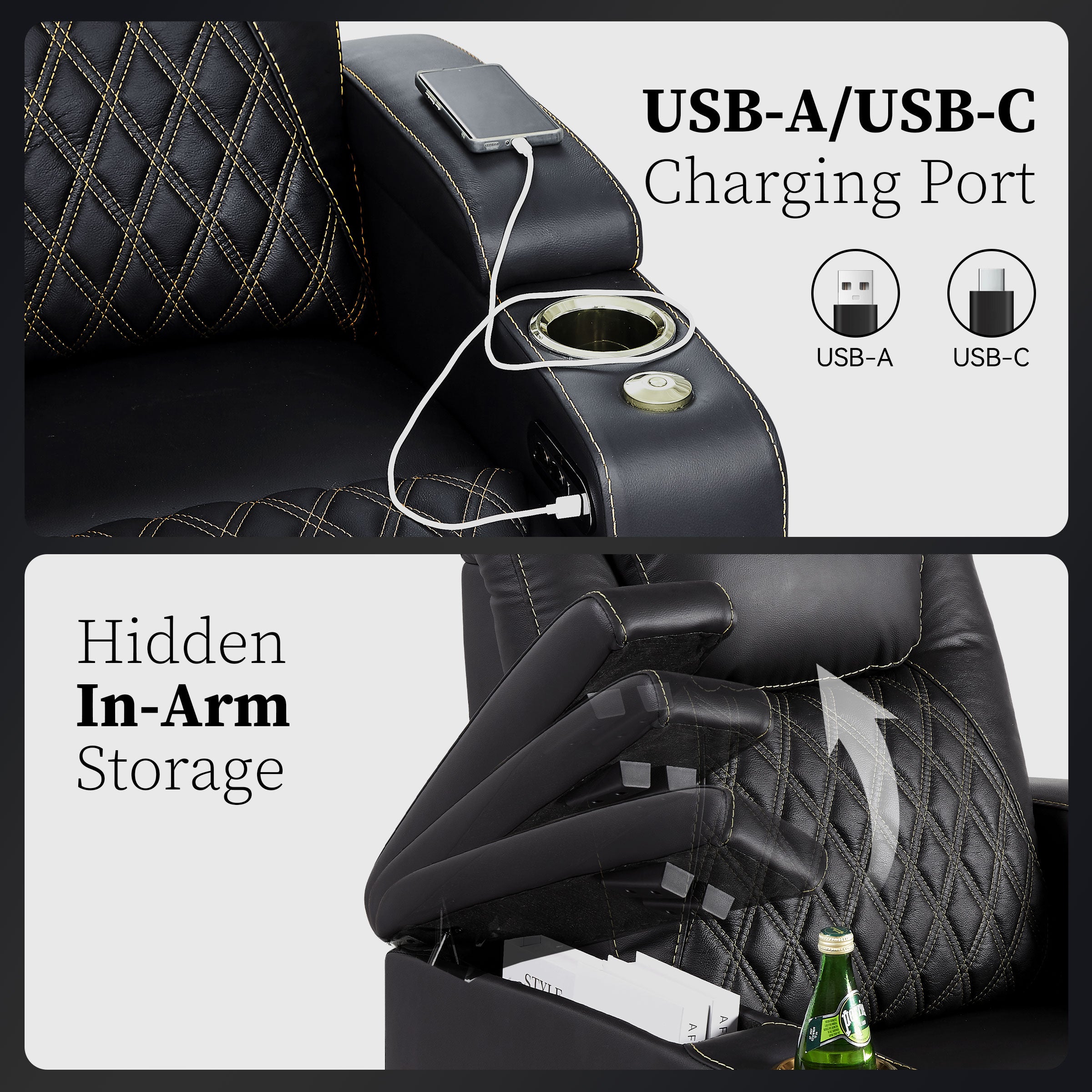 USB charging ports and hidden storage built into the armrest