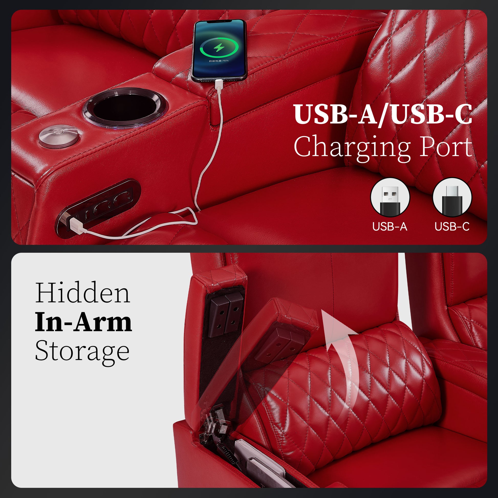 Red home theater seating with concealed armrest storage and built-in USB charging