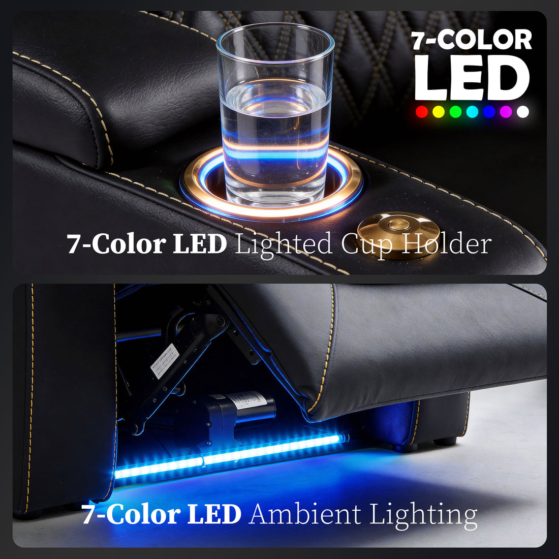 Cup holder with LED lighting detail on black seating
