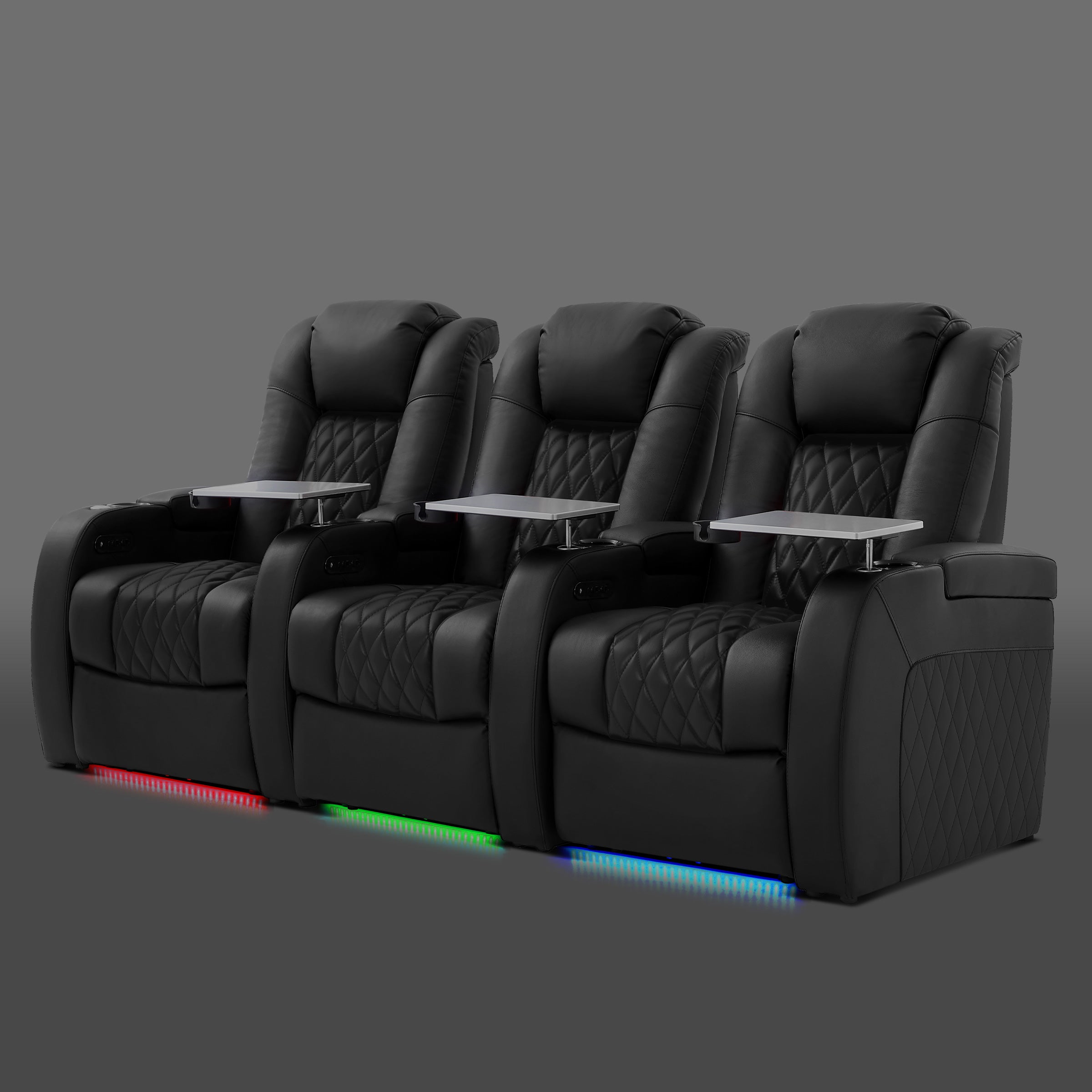 Black three seat home theater recliner with LED light strip at base