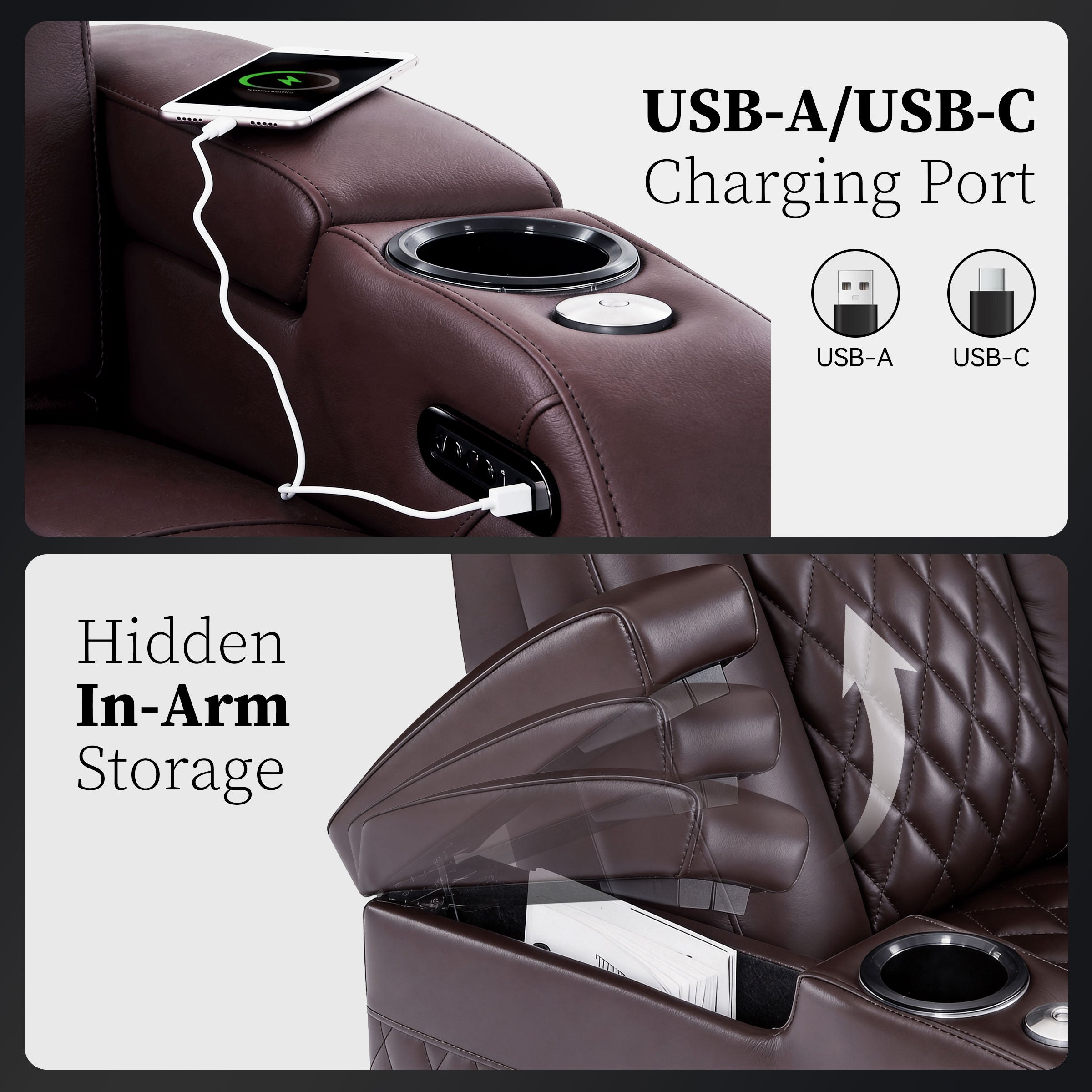 USB charging port integrated into brown reclining chair armrest