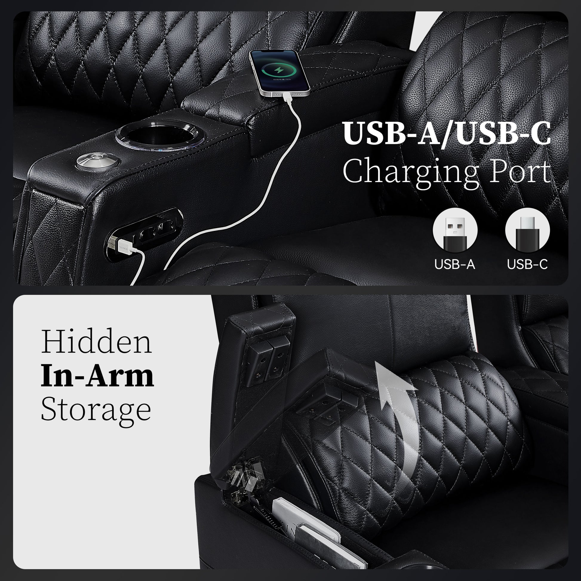 Home theater recliner with hidden armrest storage and USB charging port