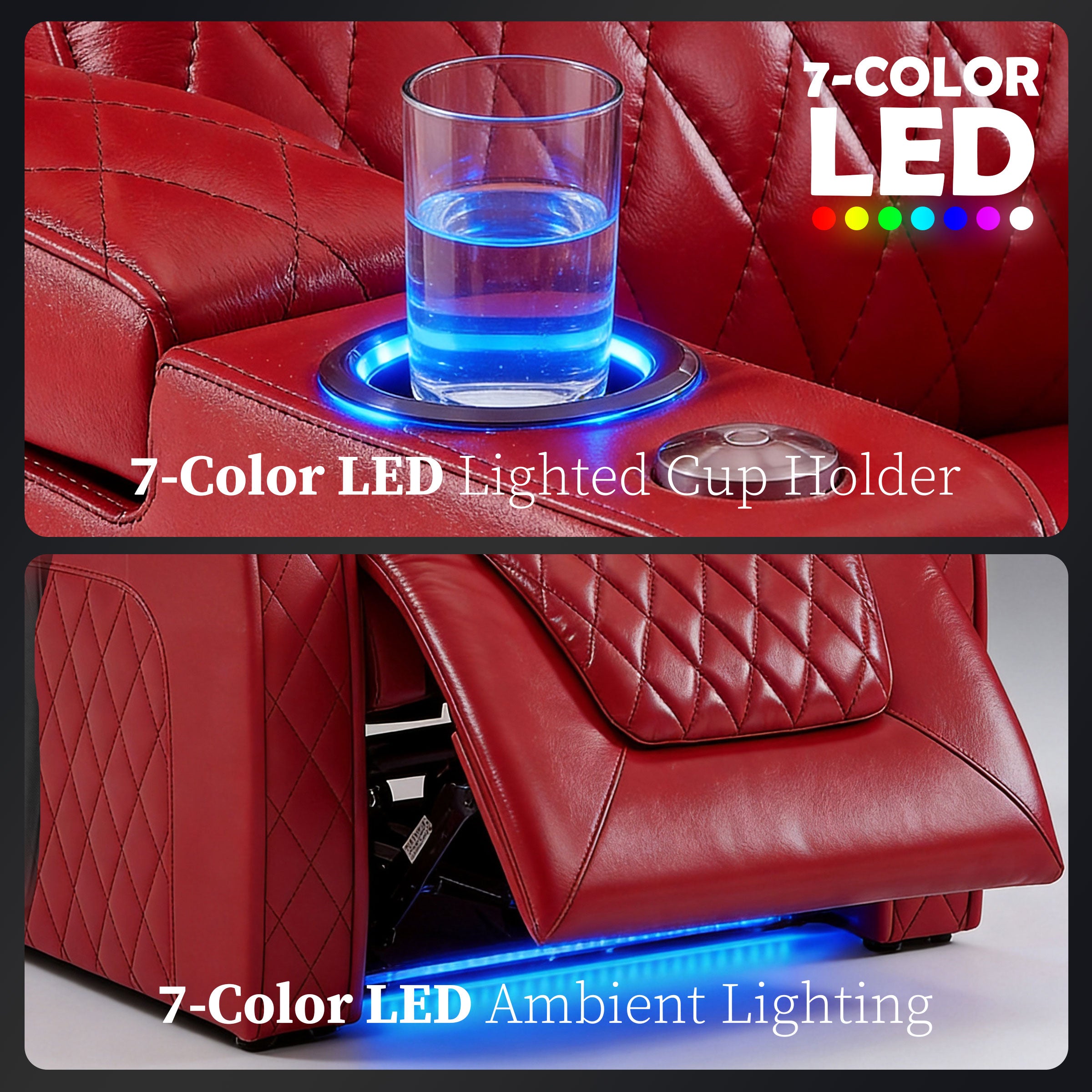 Red cinema sofa with customizable 7-color lighting and glowing cup holders