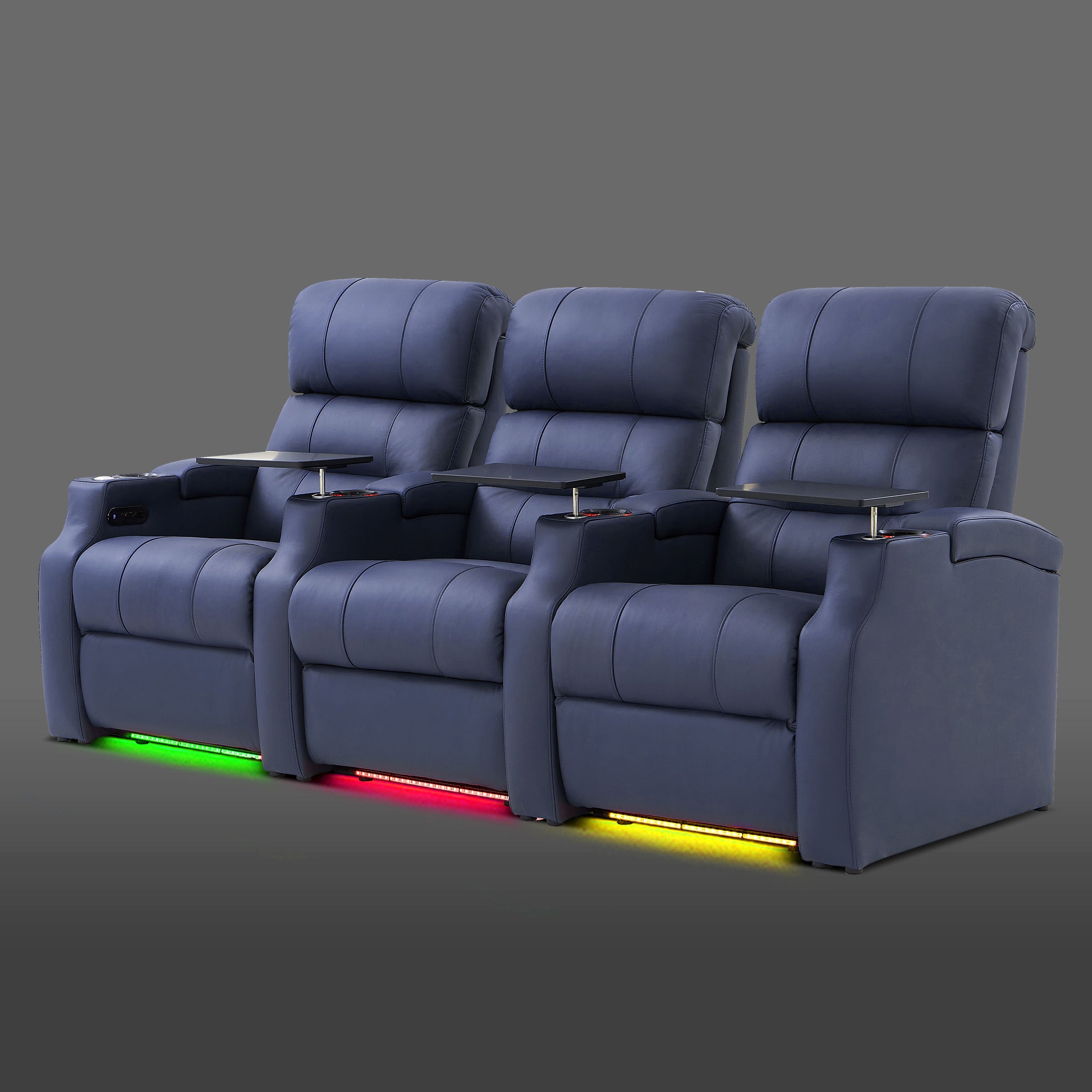 Edgex Series blue 3-seat theater seating with lighted platform base