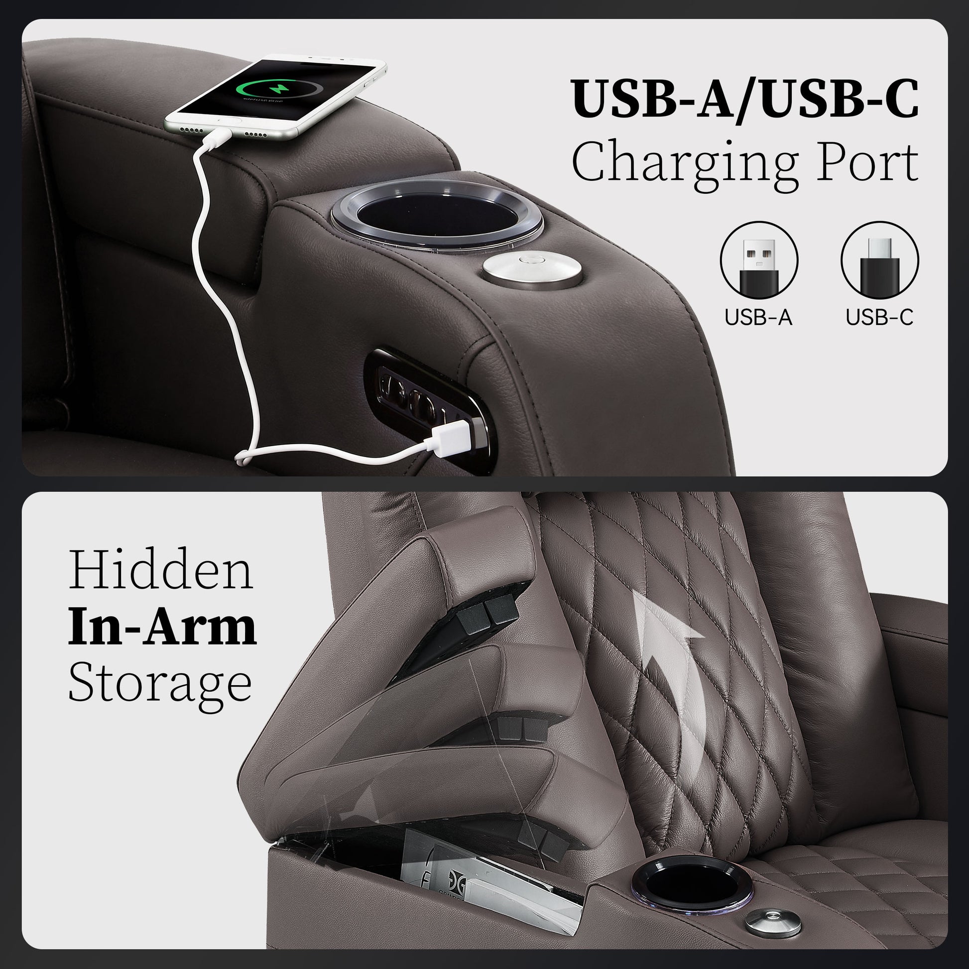 USB A and USB C charging ports built into gray armrest