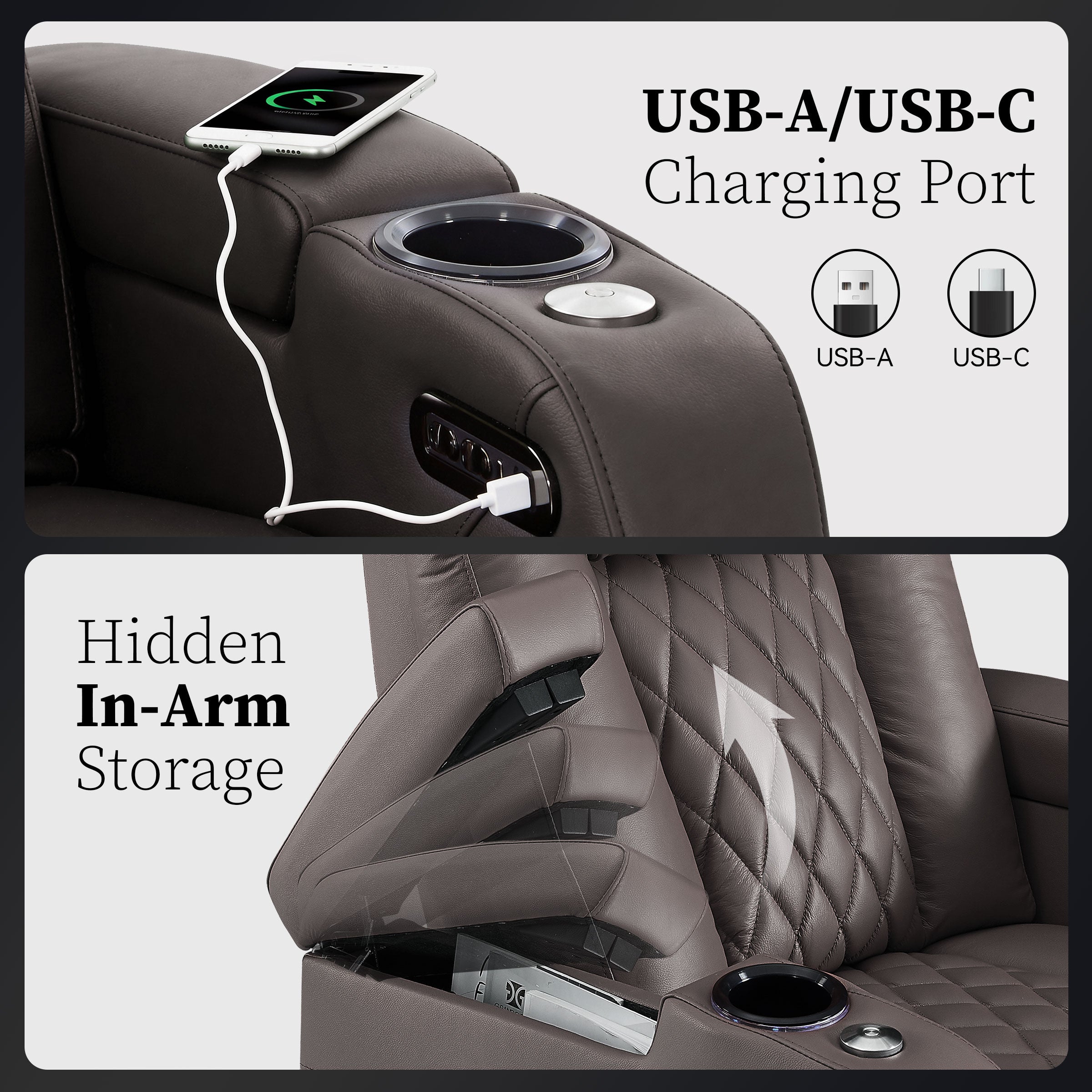USB A and USB C charging ports built into gray armrest