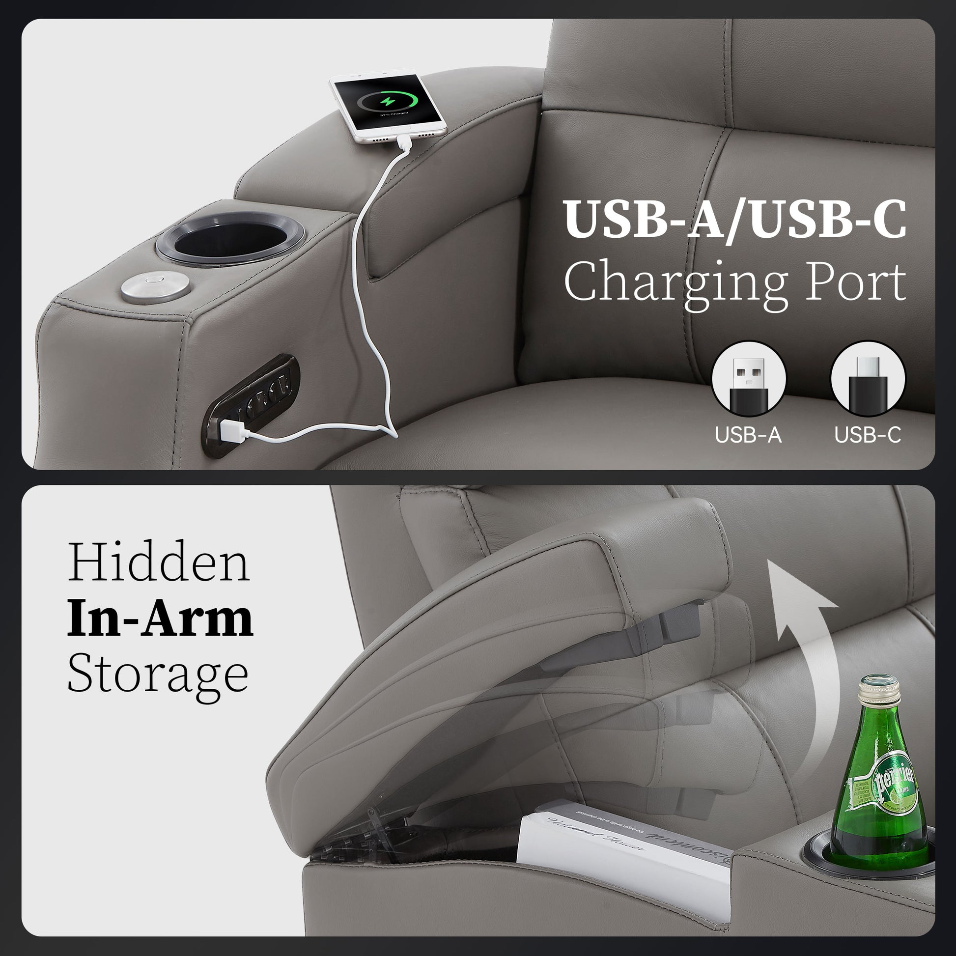 Edgex Series gray cinema chair with lift-top arm compartment and charging outlet