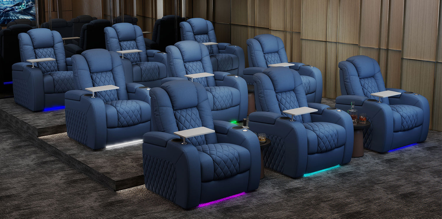 Premium cinema chairs featuring upholstered seats and subtle ambient base lighting