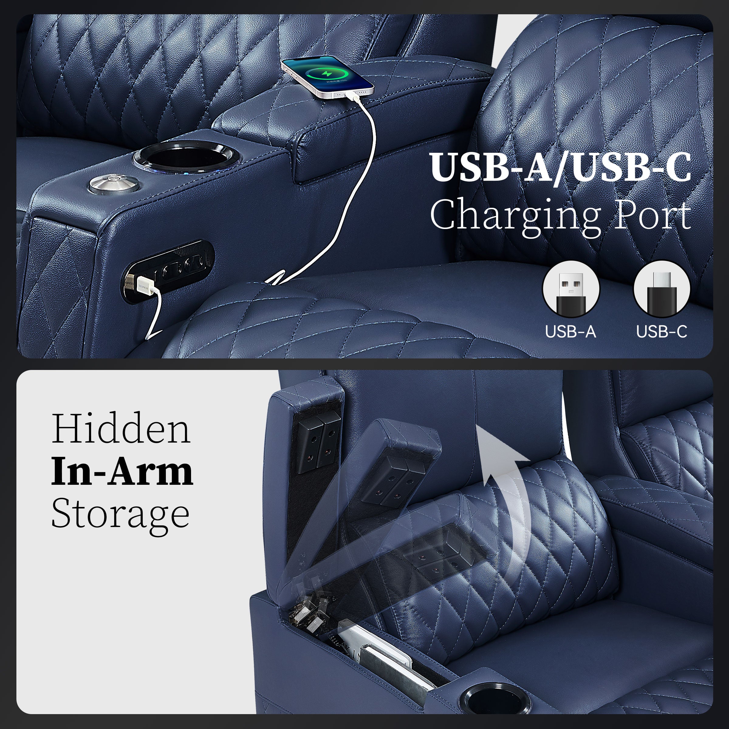 Blue home theater seating with hidden storage compartment and USB charging port