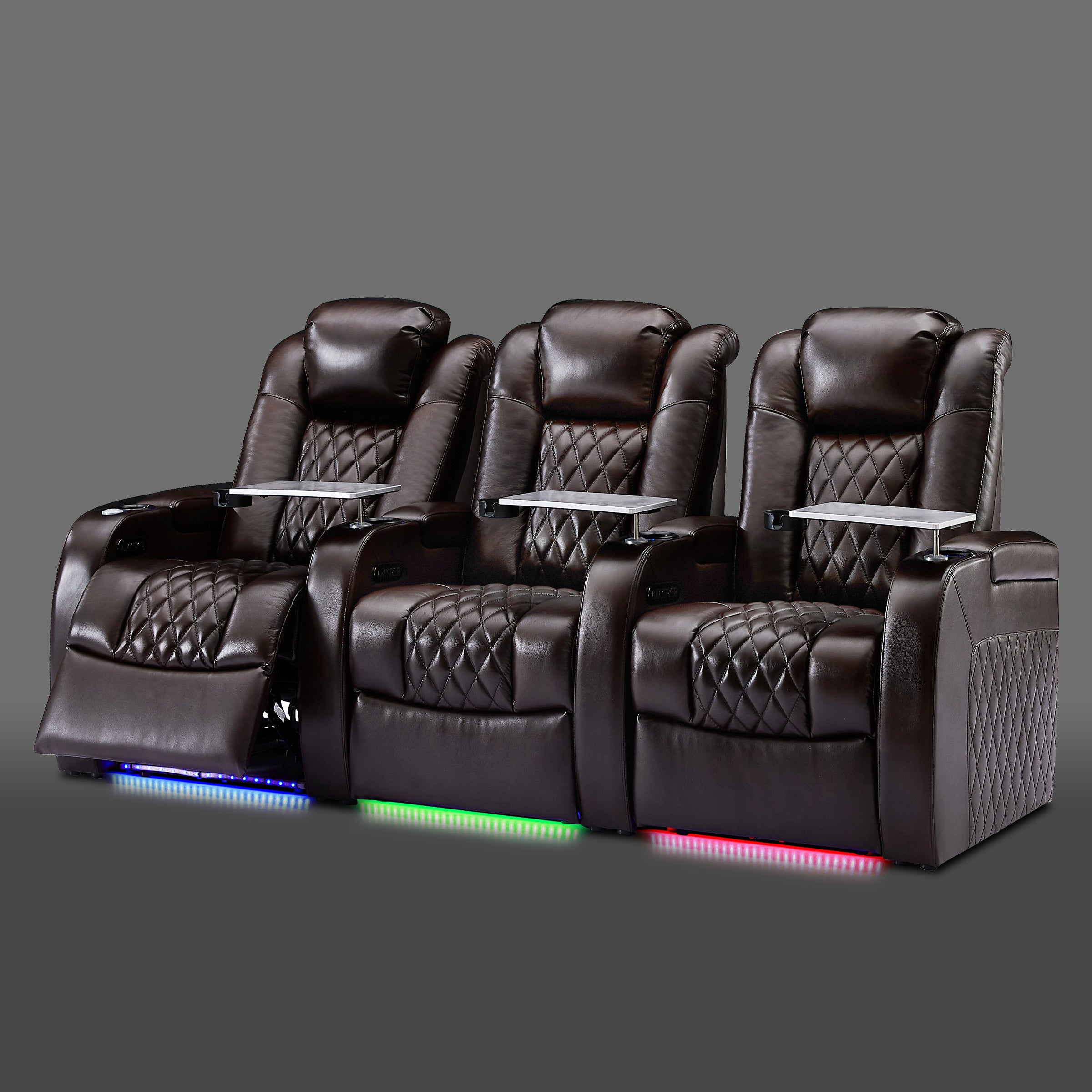Brown 3 seat cinema setup designed for home media rooms