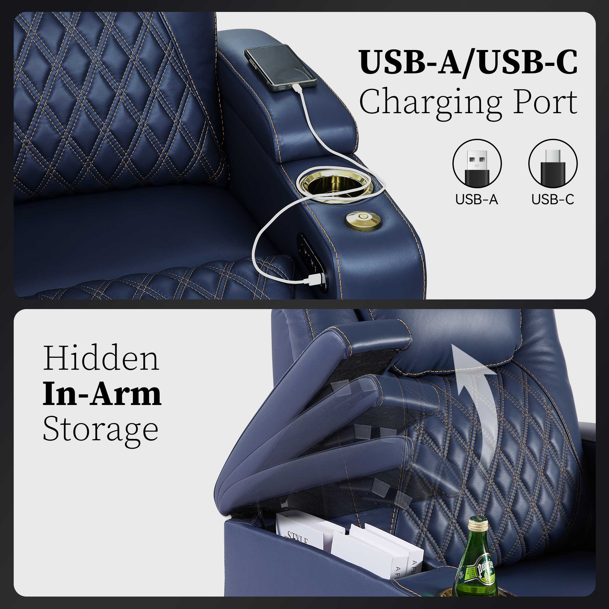 USB A and USB C charging ports and hidden storage integrated into blue seating