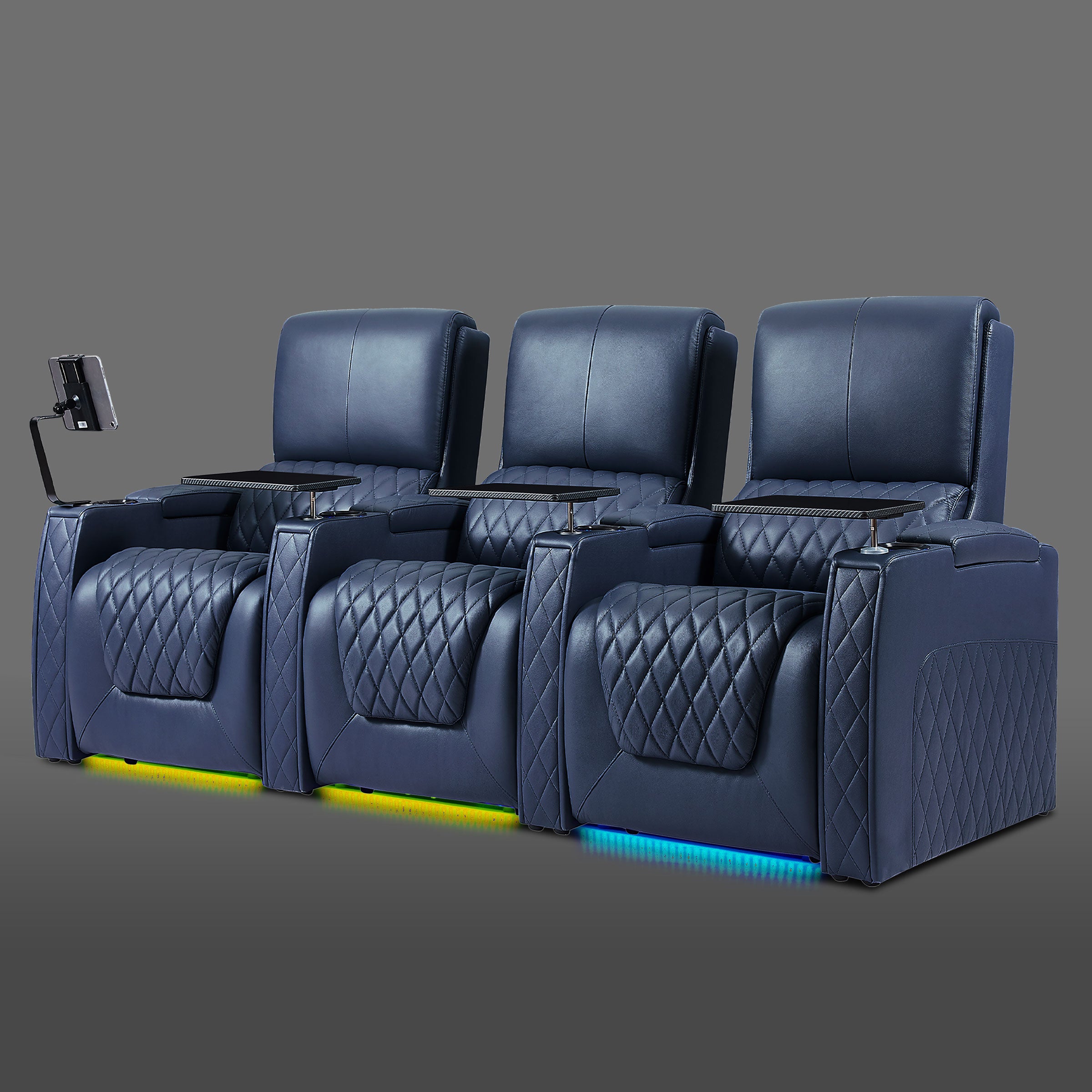 Axys series blue 3-seat theater seating with illuminated base and plush padded cushions