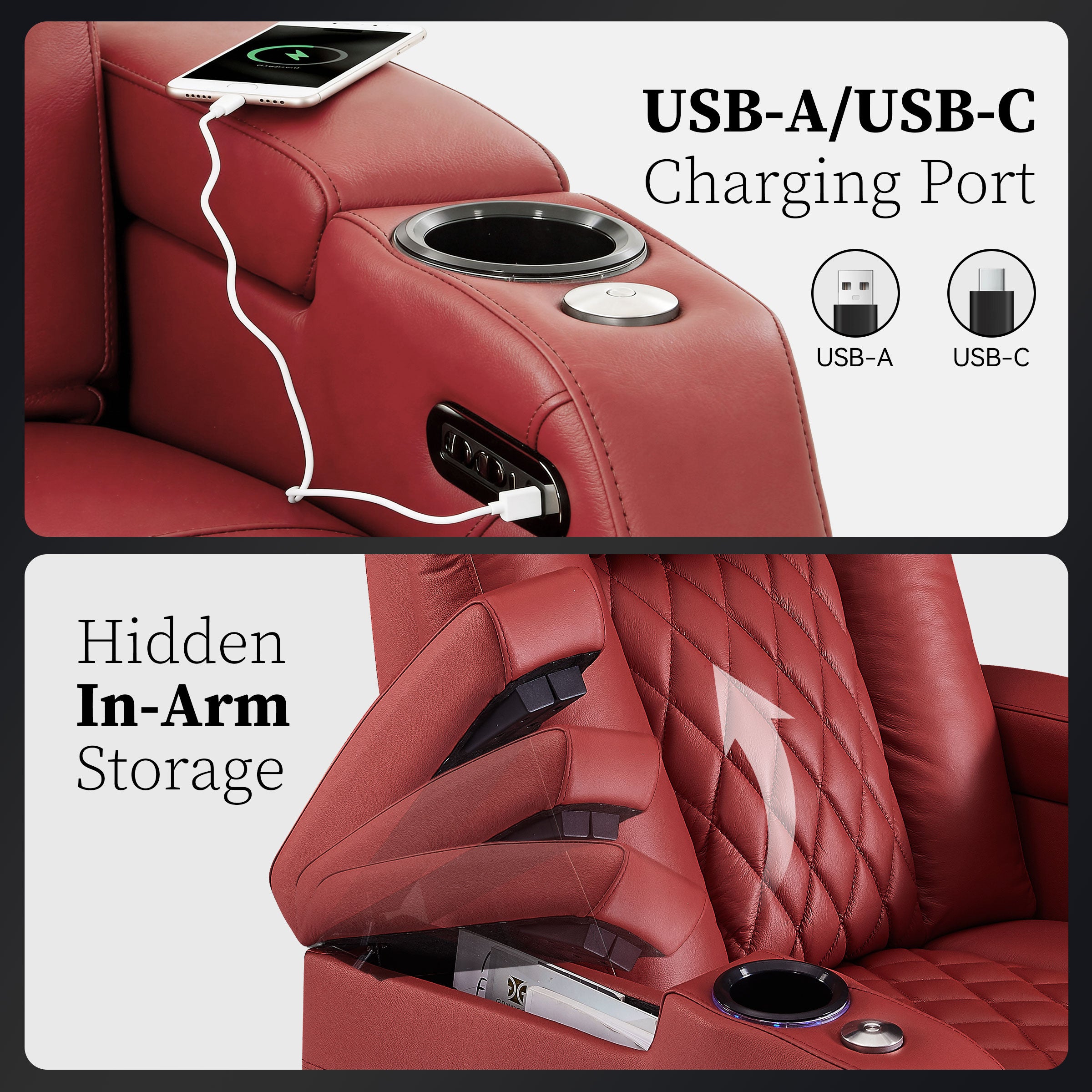 USB charging ports and hidden arm storage on red chair