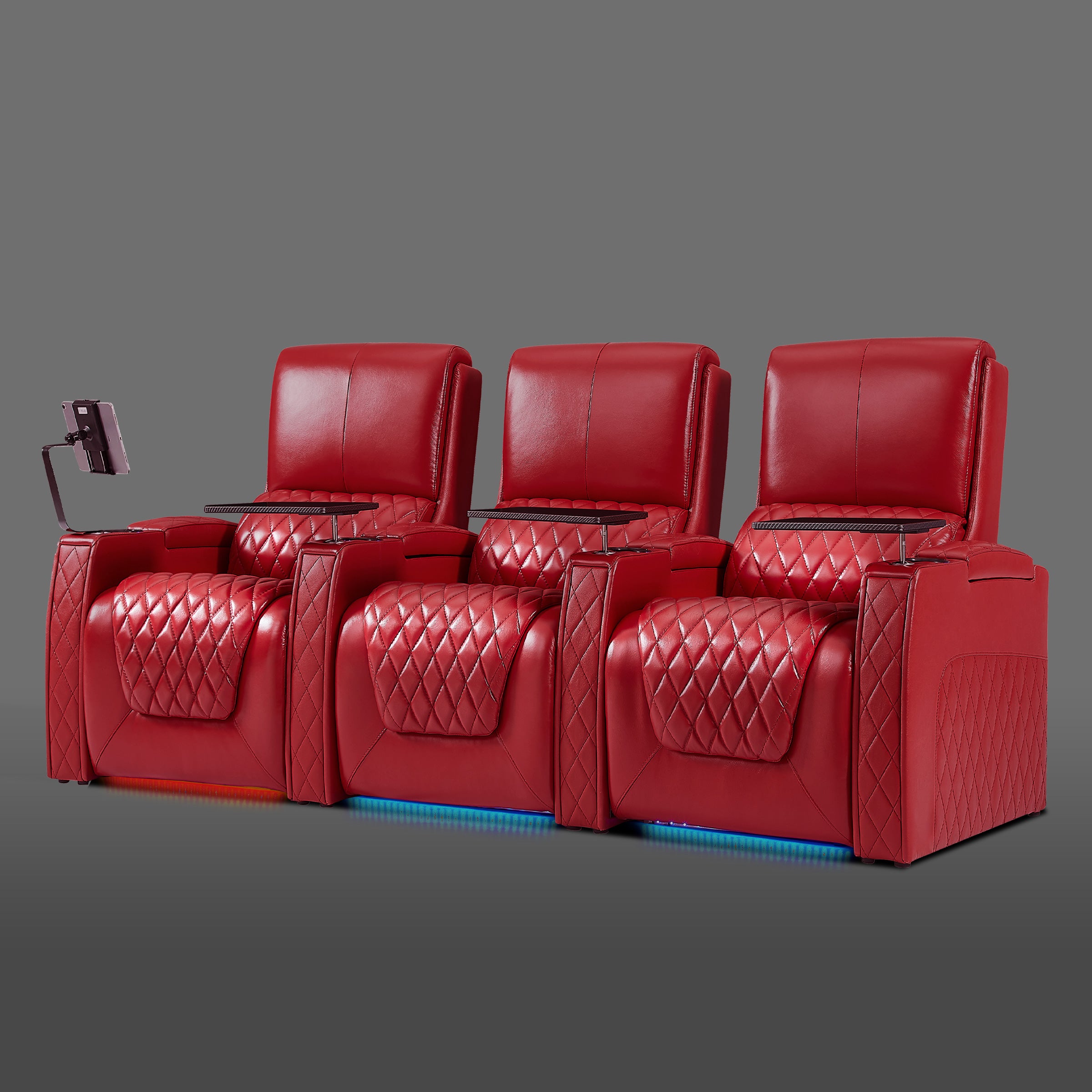 Axys series red three-seat home cinema seating with lighted base and plush cushioning