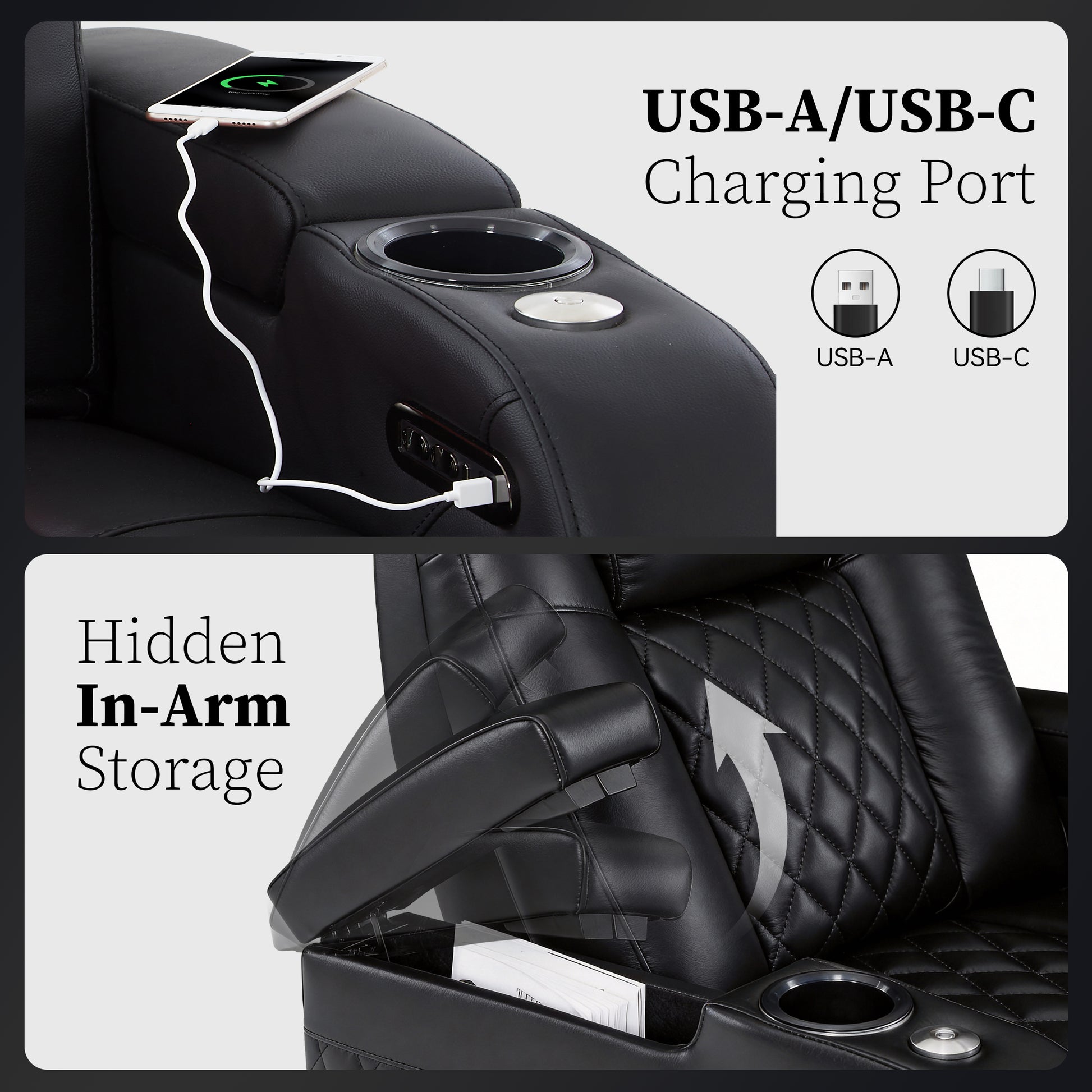Black home theater sofa with USB charging port and hidden armrest storage