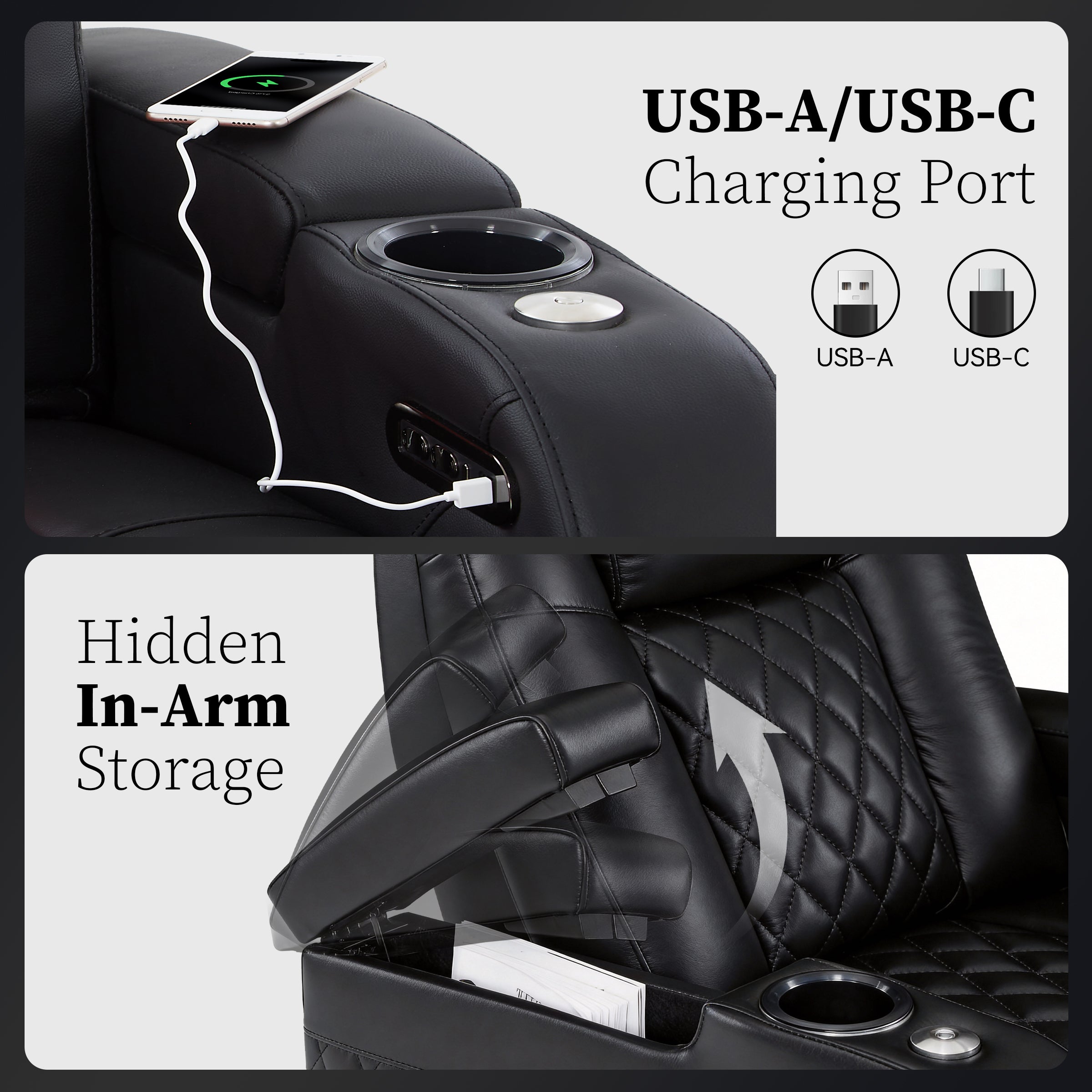 Black home theater sofa with USB charging port and hidden armrest storage