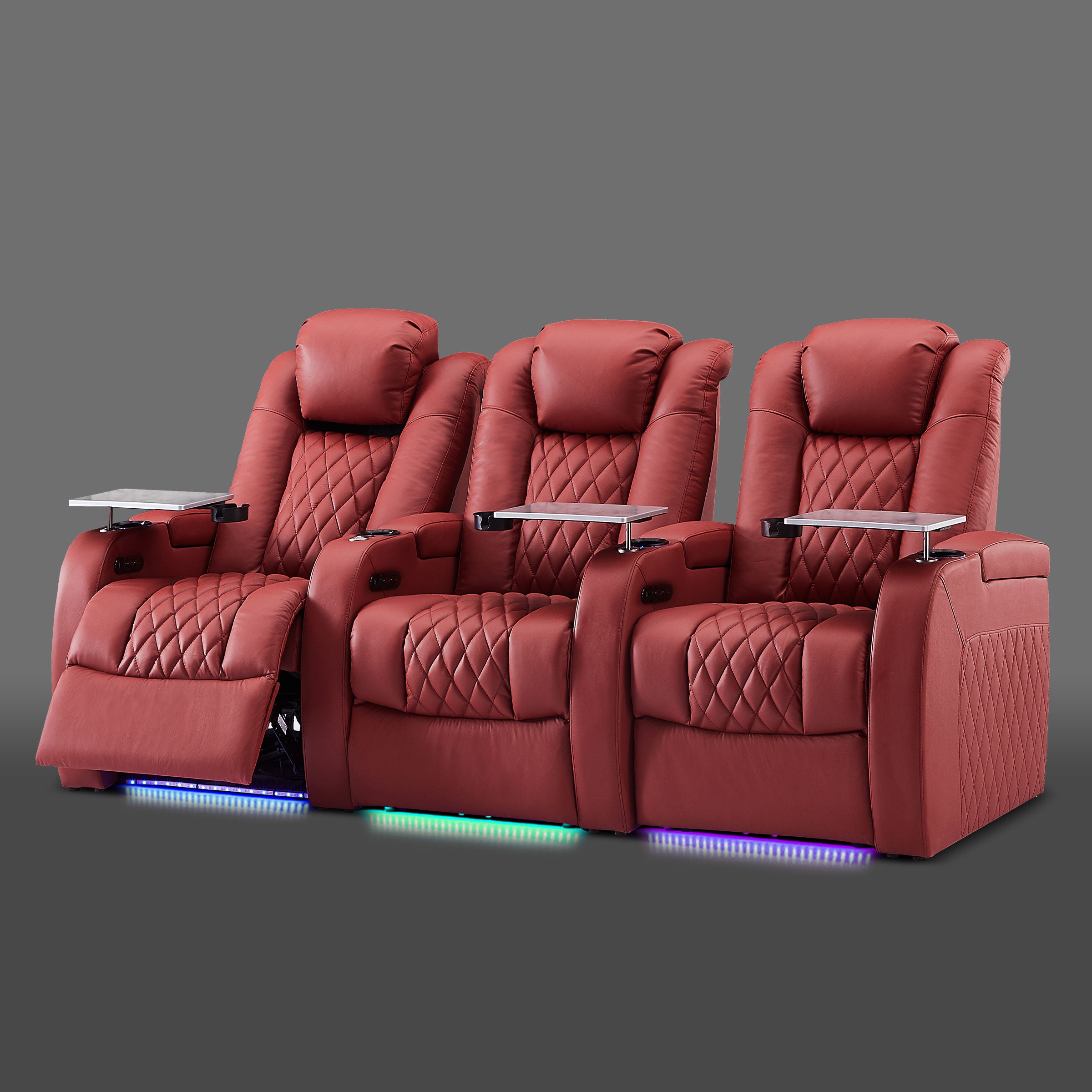 Red padded seating arranged in a three chair row