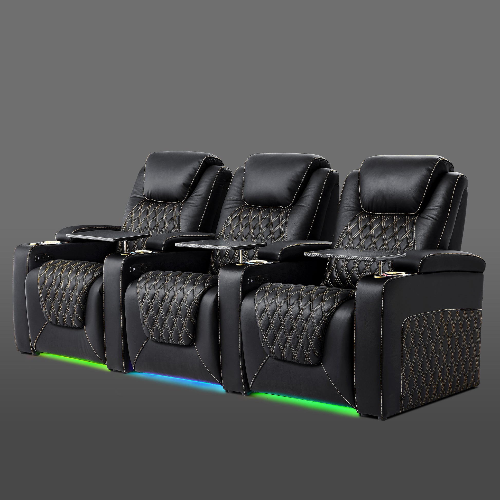 Black three chair row with zero gravity recliner