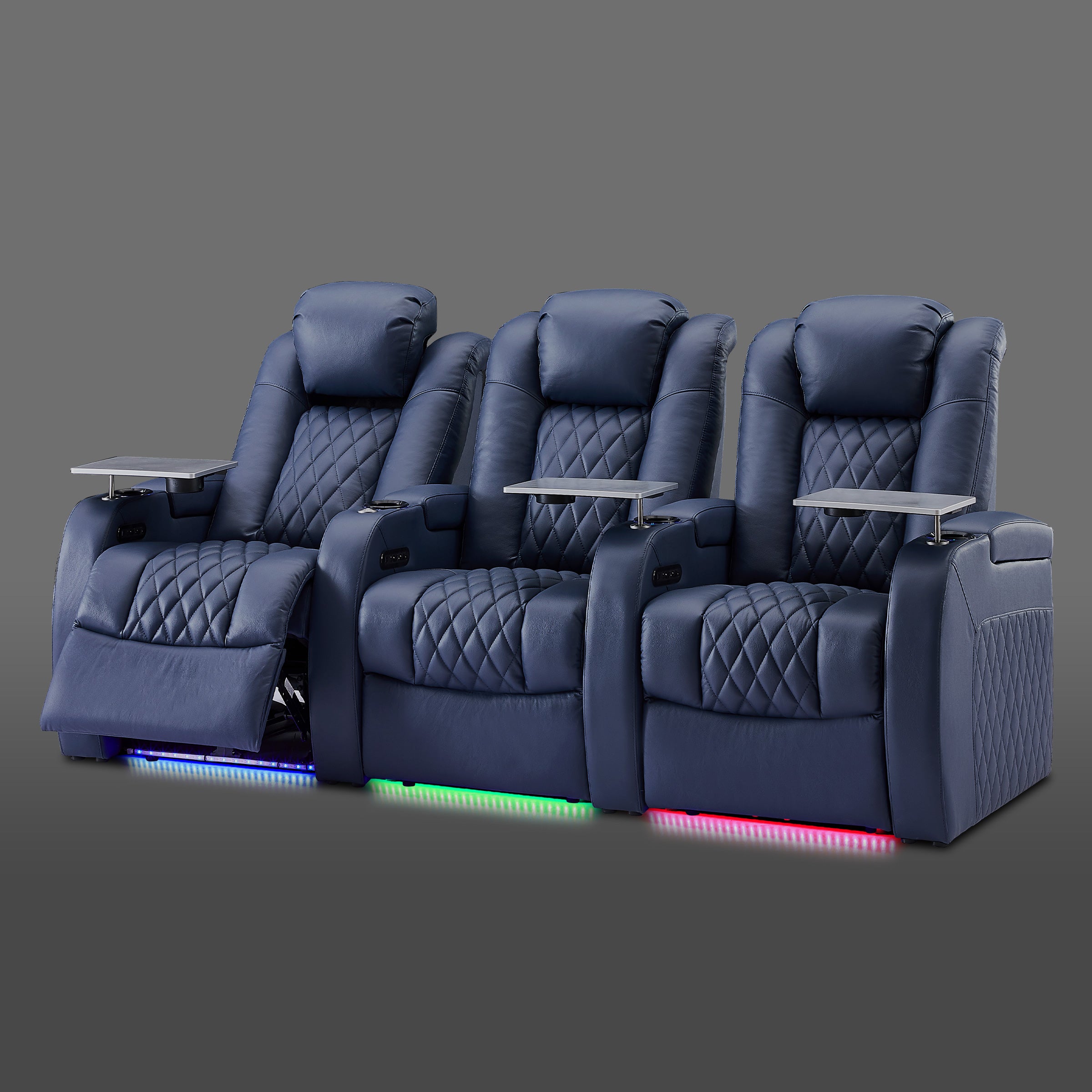 Blue three seat layout with continuous armrests and lighting
