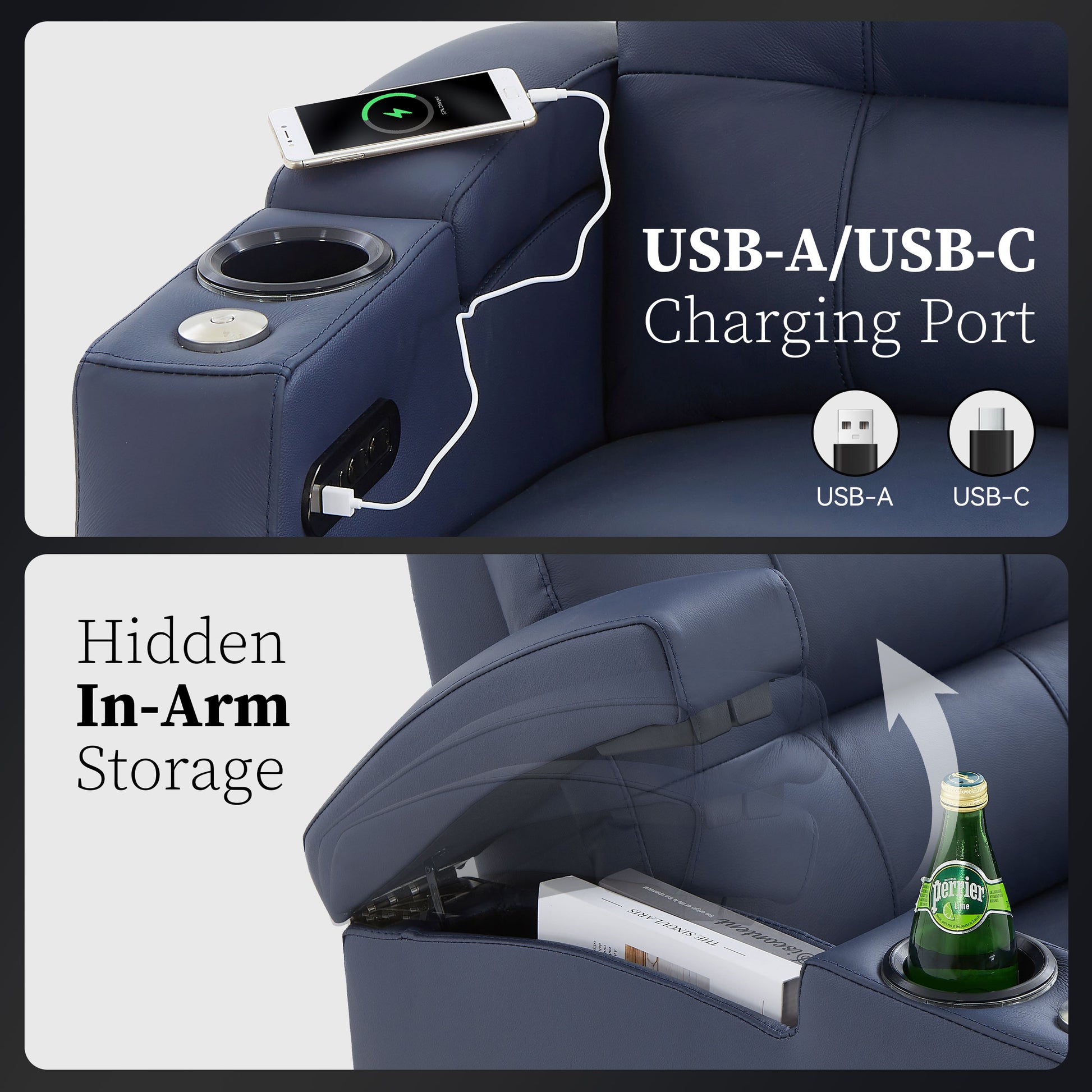 Edgex Series blue theater chair with hidden arm storage and USB charging port
