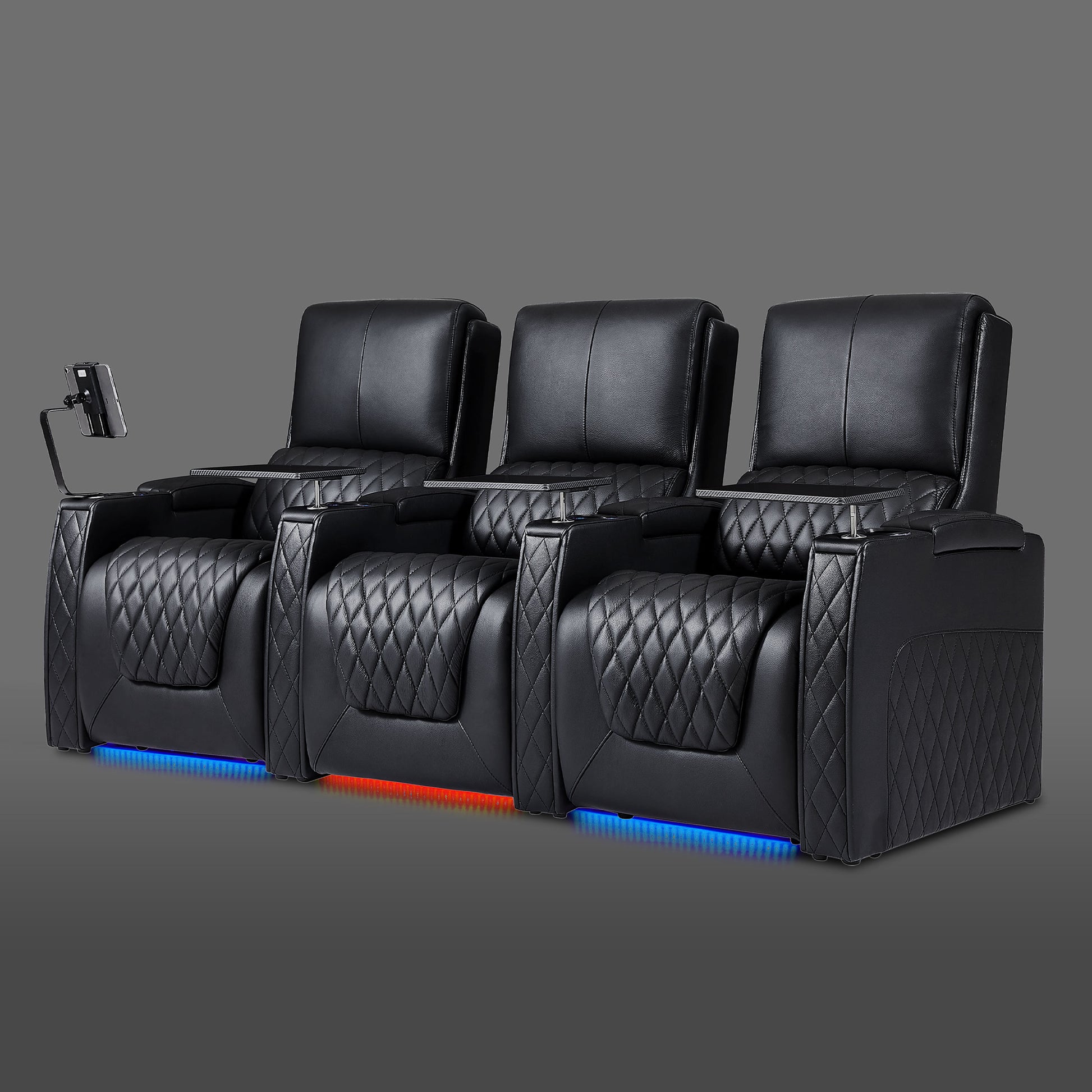 Axys series black leather 3-seat power home theater seating with LED ambient lighting and reclining function