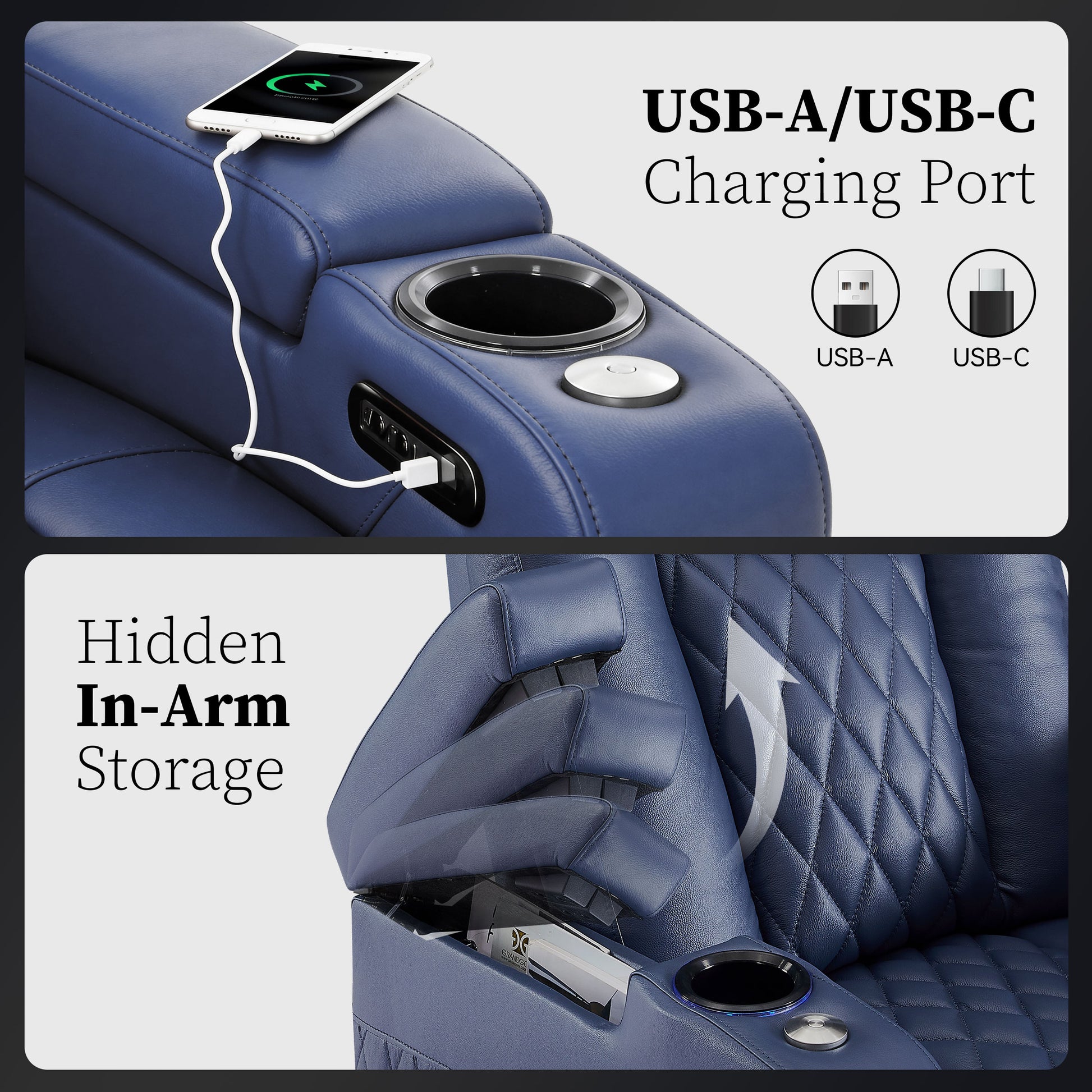 USB A and USB C charging ports integrated into blue armrest