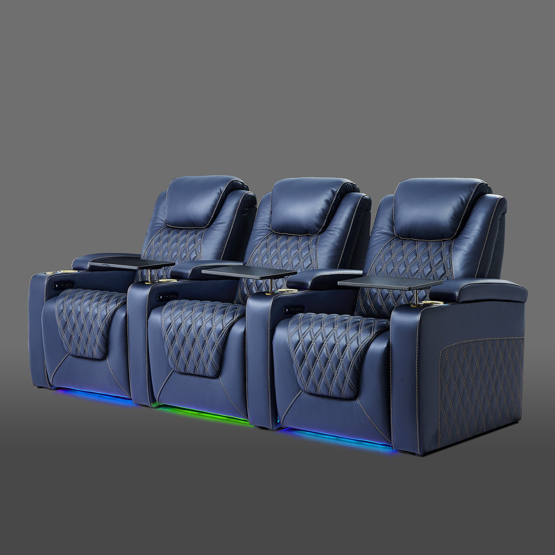 Blue three seat home theater recliner featuring built in armrest storage