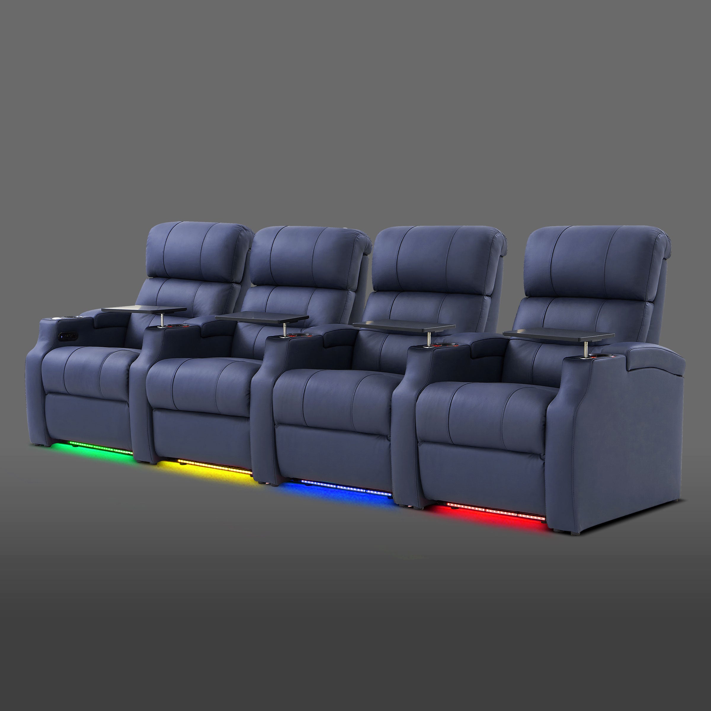 Edgex Series blue 4-seat media room recliner with ambient lighting strip