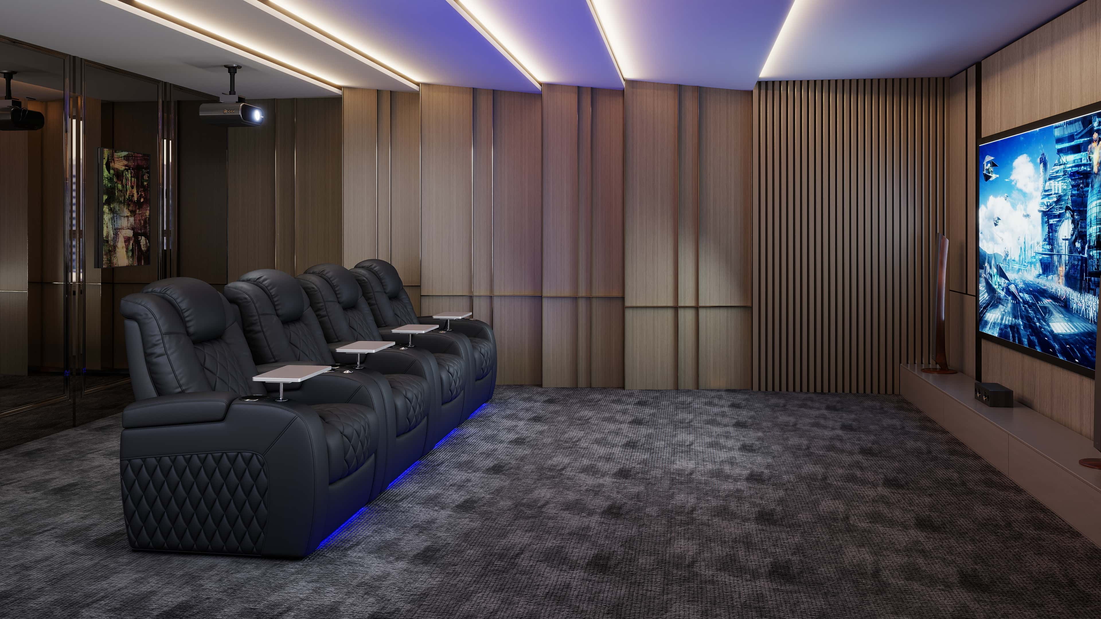 Modern home theater room featuring a row of black leather cinema seats with tray tables and blue LED base lighting
