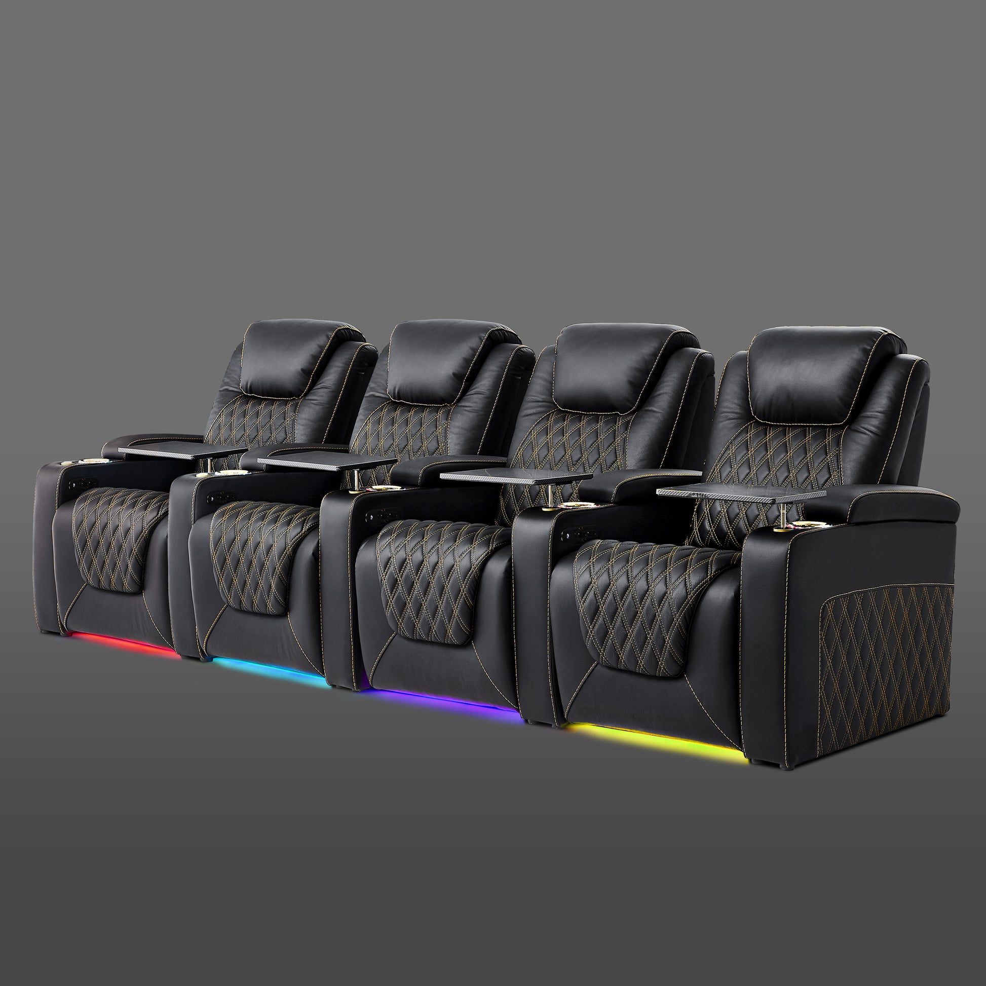 Black four chair seating arranged for a home viewing space