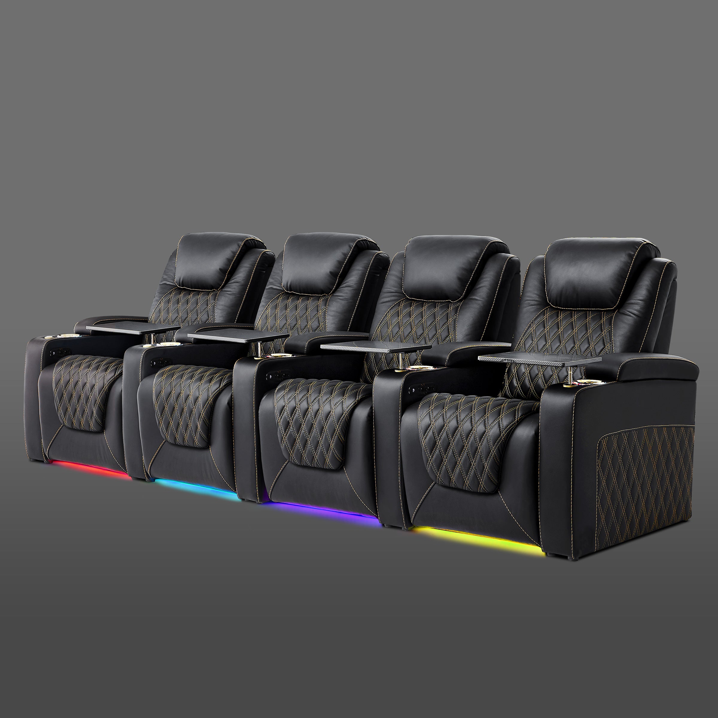 Black four chair seating arranged for a home viewing space