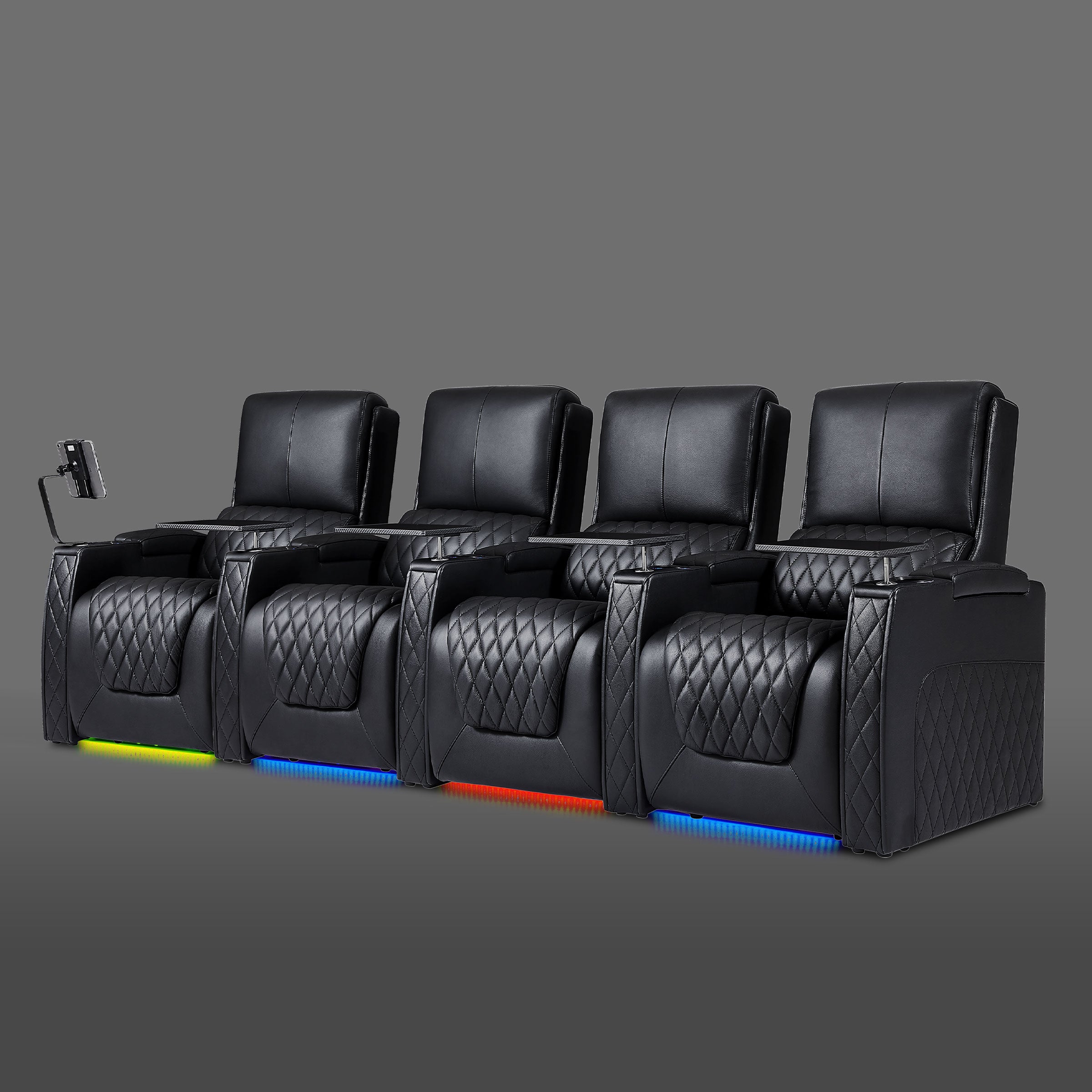 Axys series black leather 4-seat home theater recliner sofa with LED lights and padded armrests