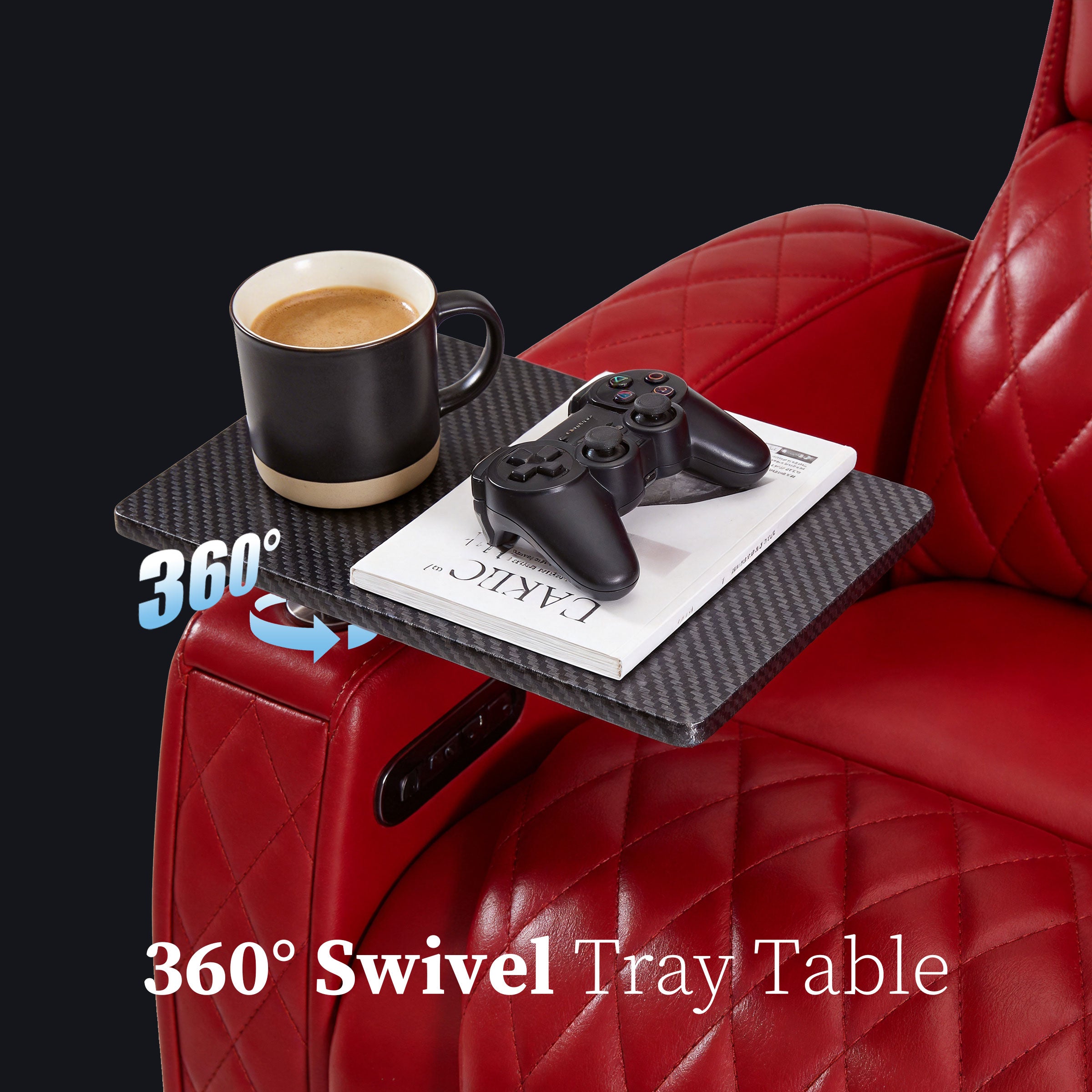 Red reclining theater seat equipped with swing-away tray table